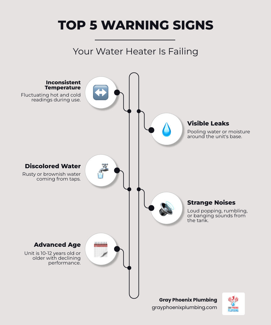Infographic showing the top 5 warning signs your water heater is failing: inconsistent water temperature with fluctuating hot and cold readings, visible leaks or moisture pooling around the base, rusty or discolored water coming from taps, loud popping or rumbling noises from the tank, and age over 10-12 years with declining performance - Water heater installation Littleton infographic infographic-line-5-steps-elegant_beige Infographic showing the top 5 warning signs your water heater is failing: inconsistent water temperature with fluctuating hot and cold readings, visible leaks or moisture pooling around the base, rusty or discolored water coming from taps, loud popping or rumbling noises from the tank, and age over 10-12 years with declining performance - Water heater installation Littleton infographic infographic-line-5-steps-elegant_beige