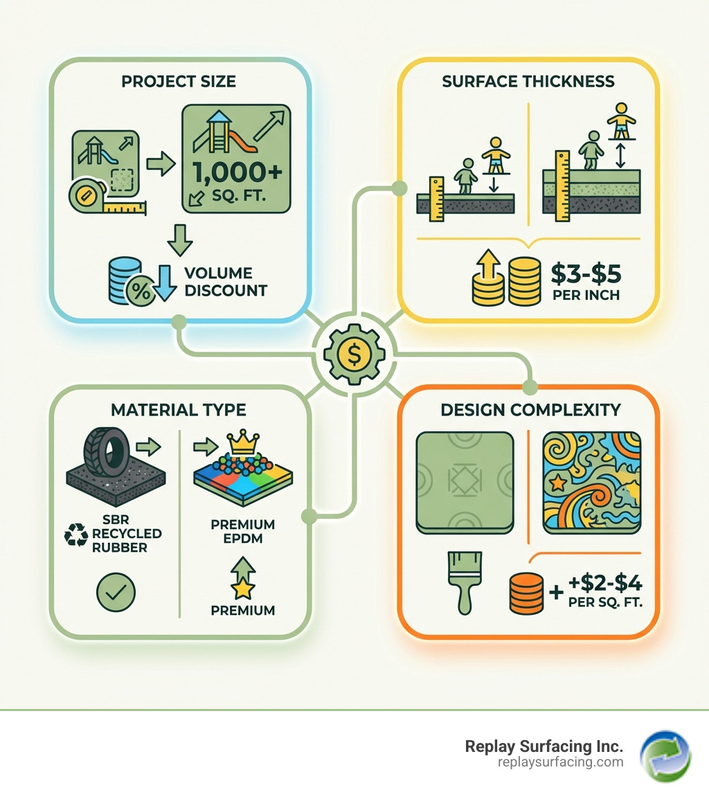 Infographic showing the four main factors that influence rubber surfacing cost: Project Size (volume discounts for 1,000+ sq. ft.), Surface Thickness (based on fall height requirements, $3-$5 per inch), Material Type (SBR recycled rubber vs. premium EPDM), and Design Complexity (custom colors and patterns add $2-$4 per sq. ft.) - rubber surfacing cost infographic Infographic showing the four main factors that influence rubber surfacing cost: Project Size (volume discounts for 1,000+ sq. ft.), Surface Thickness (based on fall height requirements, $3-$5 per inch), Material Type (SBR recycled rubber vs. premium EPDM), and Design Complexity (custom colors and patterns add $2-$4 per sq. ft.) - rubber surfacing cost infographic