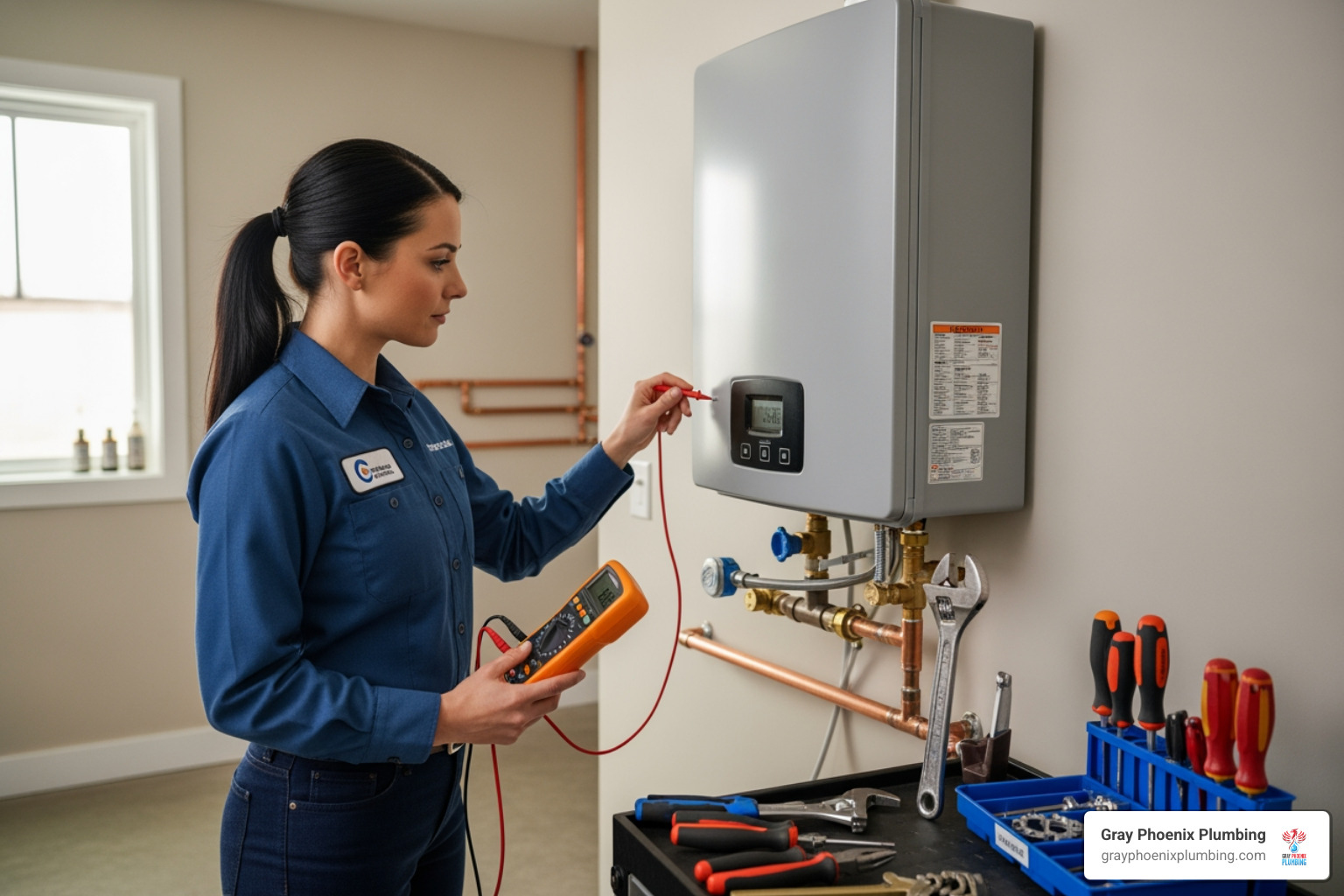 Certified technician servicing a tankless water heater - Tankless water heater Littleton Certified technician servicing a tankless water heater - Tankless water heater Littleton