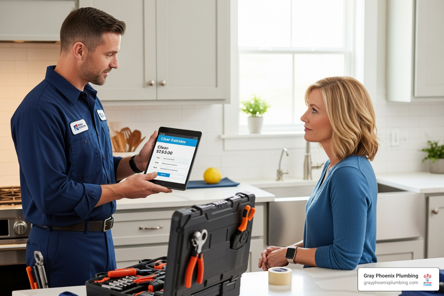 plumber showing a customer an upfront price on a tablet - Plumbing Repair Littleton
