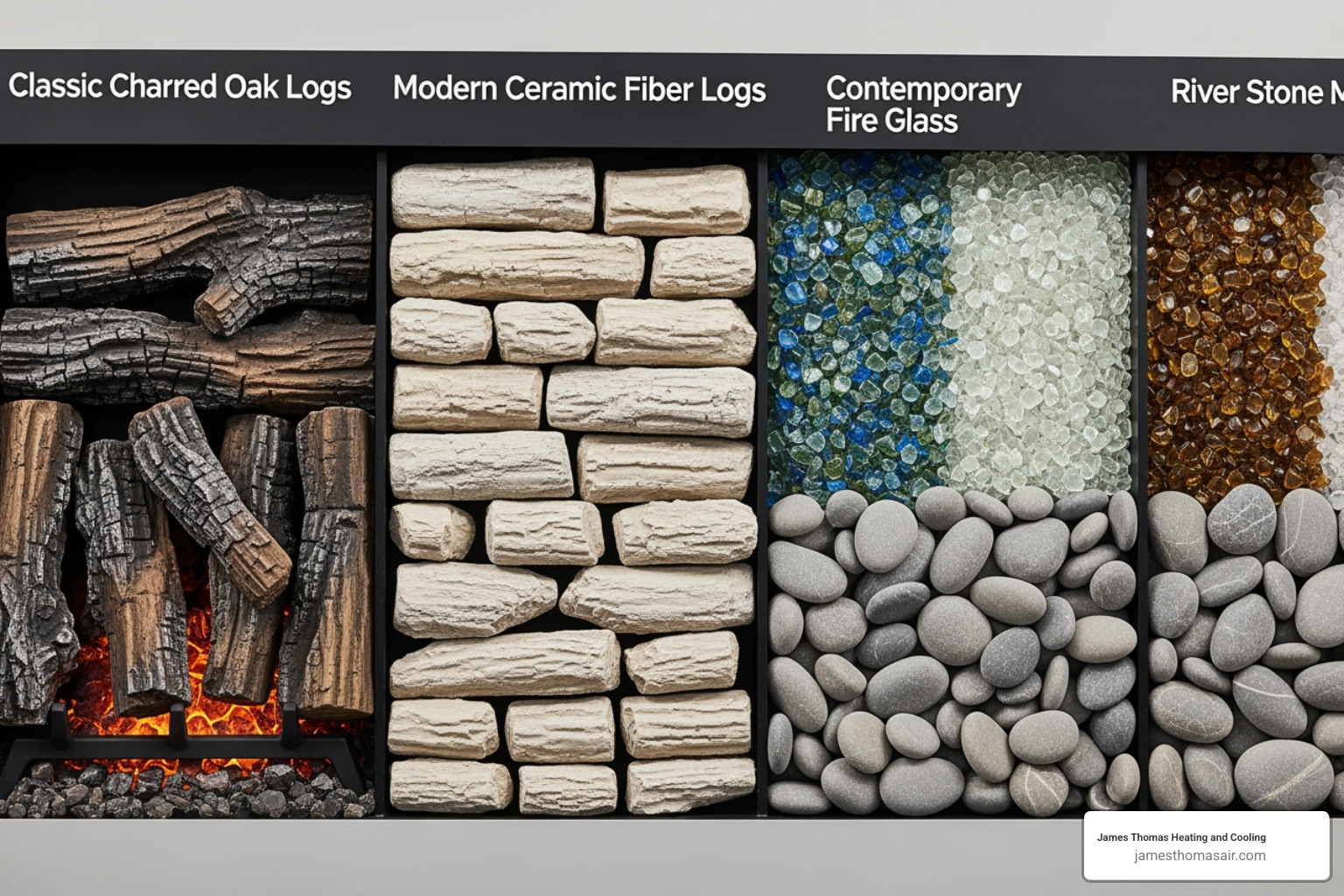 A display showcasing a variety of ventless gas log styles, from classic charred oak to modern ceramic fiber, alongside contemporary fire glass and river stone media options. - ventless gas log fireplace