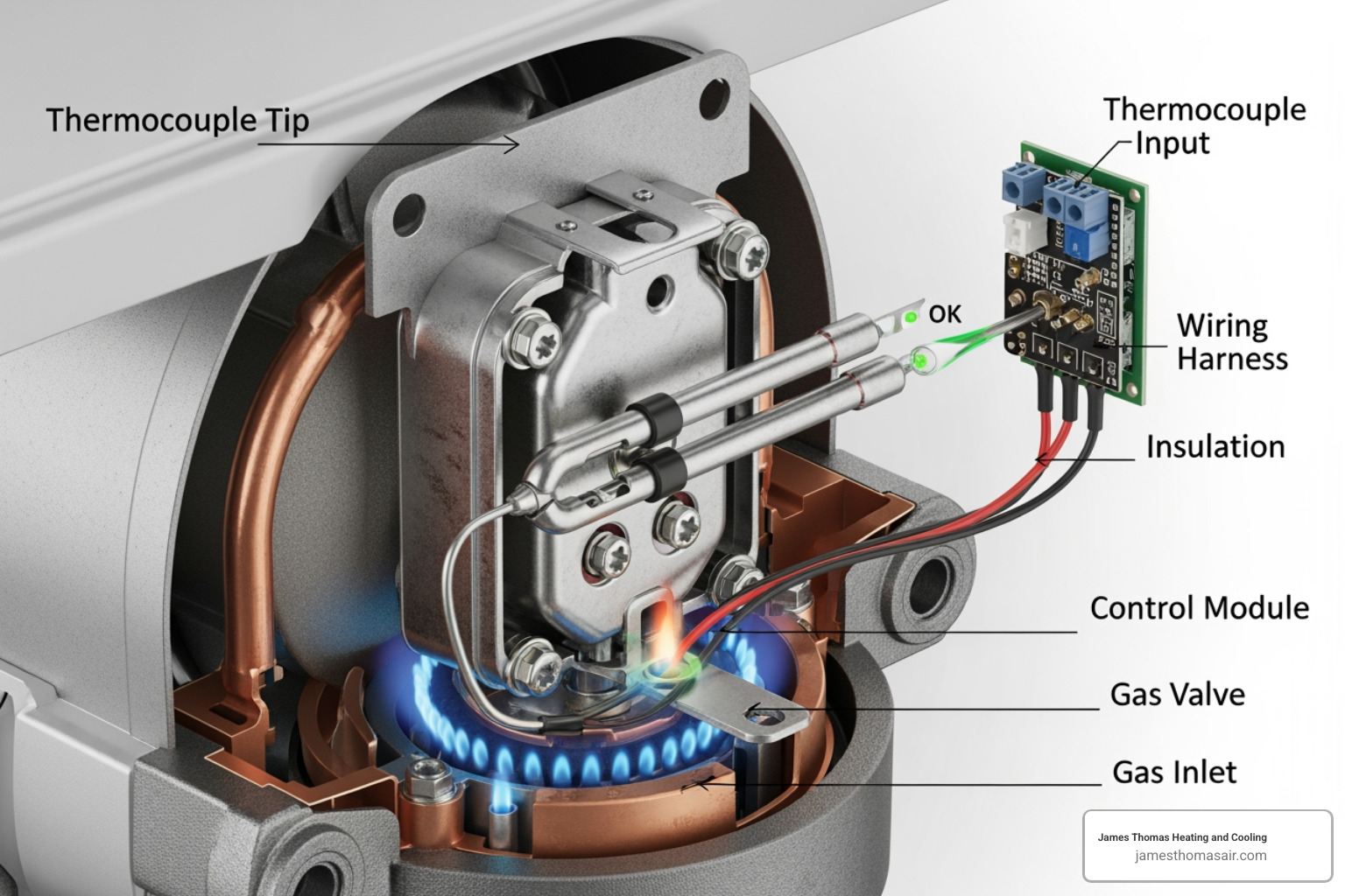 Diagram showing an Oxygen Depletion Sensor (ODS) integrated into a gas burner unit, with an arrow pointing to the thermocouple which detects oxygen levels. - ventless gas log fireplace