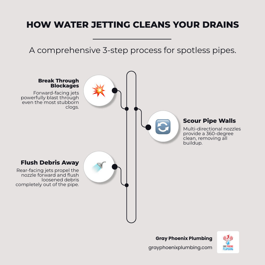 Infographic showing water jetting nozzle inside a pipe with 360-degree spray pattern cleaning all pipe walls, forward jets breaking through blockages, and rear jets flushing debris back toward the entry point - water jetting drains infographic infographic-line-3-steps-elegant_beige Infographic showing water jetting nozzle inside a pipe with 360-degree spray pattern cleaning all pipe walls, forward jets breaking through blockages, and rear jets flushing debris back toward the entry point - water jetting drains infographic infographic-line-3-steps-elegant_beige