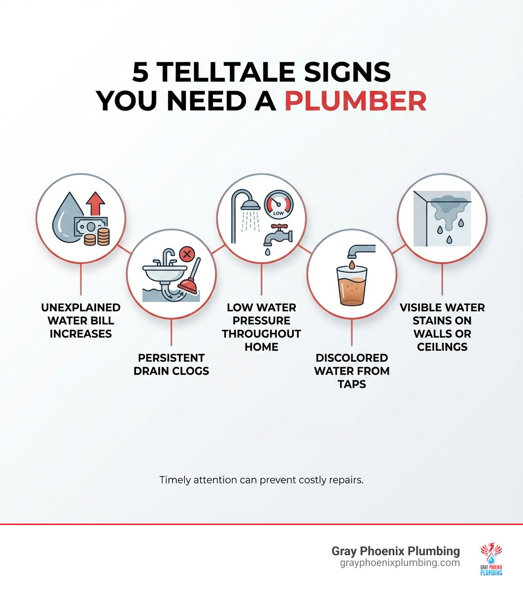 infographic showing 5 telltale signs you need a plumber: unexplained water bill increases, persistent drain clogs, low water pressure throughout the home, discolored water from taps, and visible water stains on walls or ceilings - Plumbing Repair Littleton infographic 