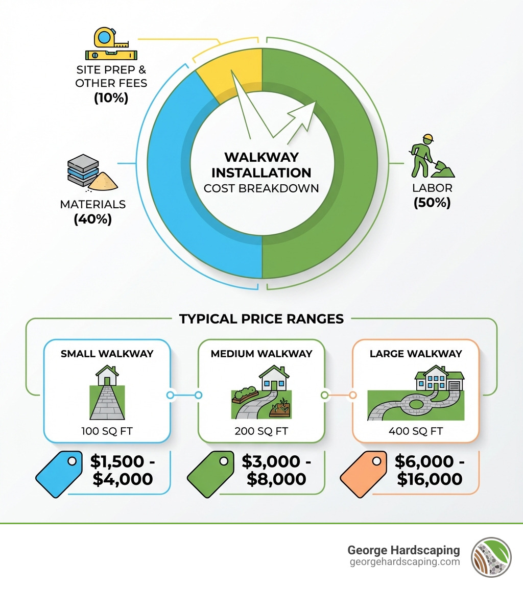 Infographic showing walkway installation cost breakdown: Materials (40% of total cost), Labor (50% of total cost), and Site Preparation & Other Fees (10% of total cost). Additional callout showing typical price ranges: Small walkway (100 sq ft) = $1,500-$4,000, Medium walkway (200 sq ft) = $3,000-$8,000, Large walkway (400 sq ft) = $6,000-$16,000 - Walkway installation cost infographic Infographic showing walkway installation cost breakdown: Materials (40% of total cost), Labor (50% of total cost), and Site Preparation & Other Fees (10% of total cost). Additional callout showing typical price ranges: Small walkway (100 sq ft) = $1,500-$4,000, Medium walkway (200 sq ft) = $3,000-$8,000, Large walkway (400 sq ft) = $6,000-$16,000 - Walkway installation cost infographic
