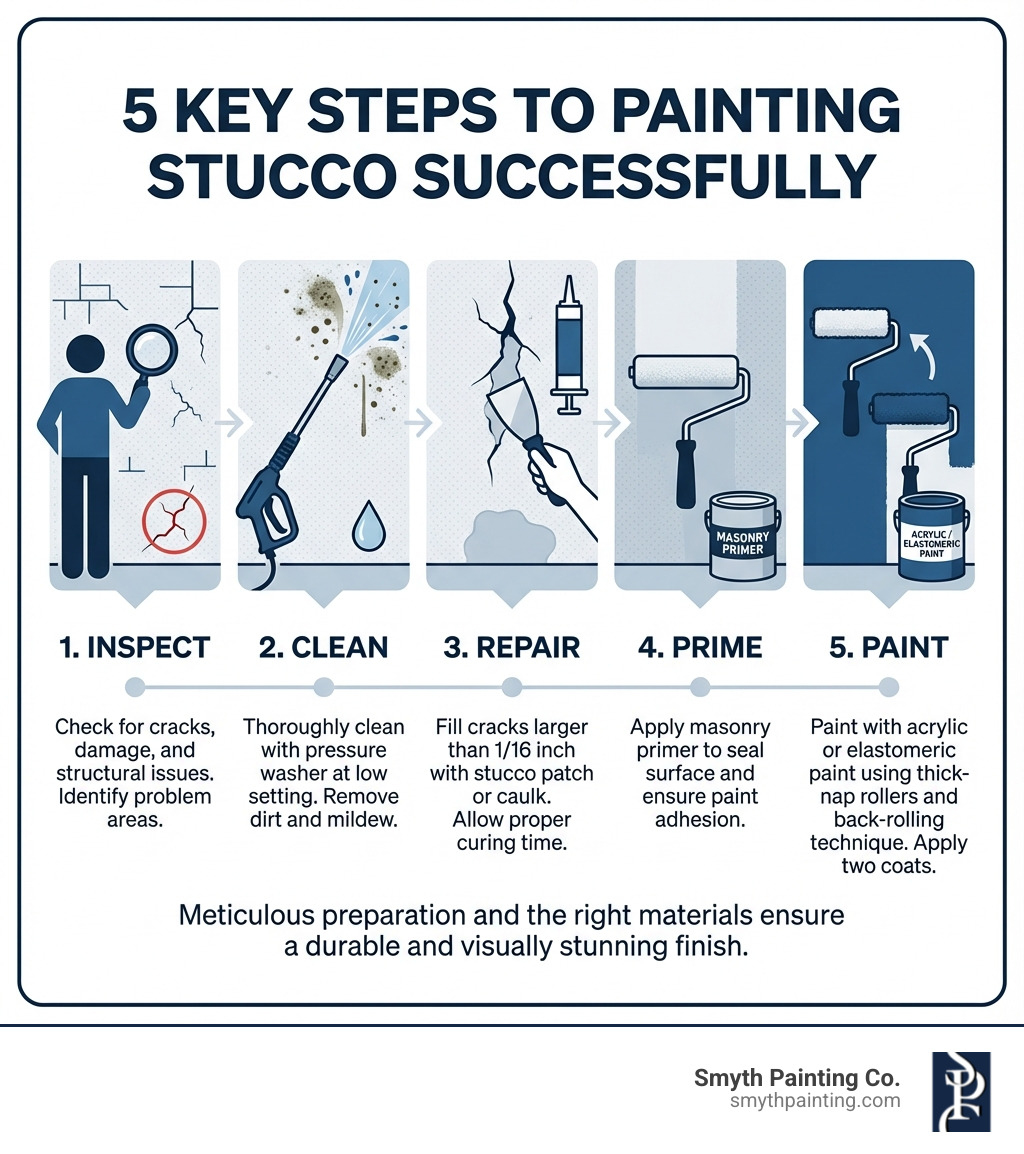 Infographic showing the 5 key steps to painting stucco successfully: Step 1 - Inspect stucco for cracks and damage, check for structural issues; Step 2 - Clean thoroughly with pressure washer at low setting, remove dirt and mildew; Step 3 - Repair all cracks larger than 1/16 inch with stucco patch or caulk, allow proper curing time; Step 4 - Prime with masonry primer to seal surface and ensure paint adhesion; Step 5 - Paint with acrylic or elastomeric paint using thick-nap rollers and back-rolling technique, apply two coats - best way to paint stucco infographic Infographic showing the 5 key steps to painting stucco successfully: Step 1 - Inspect stucco for cracks and damage, check for structural issues; Step 2 - Clean thoroughly with pressure washer at low setting, remove dirt and mildew; Step 3 - Repair all cracks larger than 1/16 inch with stucco patch or caulk, allow proper curing time; Step 4 - Prime with masonry primer to seal surface and ensure paint adhesion; Step 5 - Paint with acrylic or elastomeric paint using thick-nap rollers and back-rolling technique, apply two coats - best way to paint stucco infographic