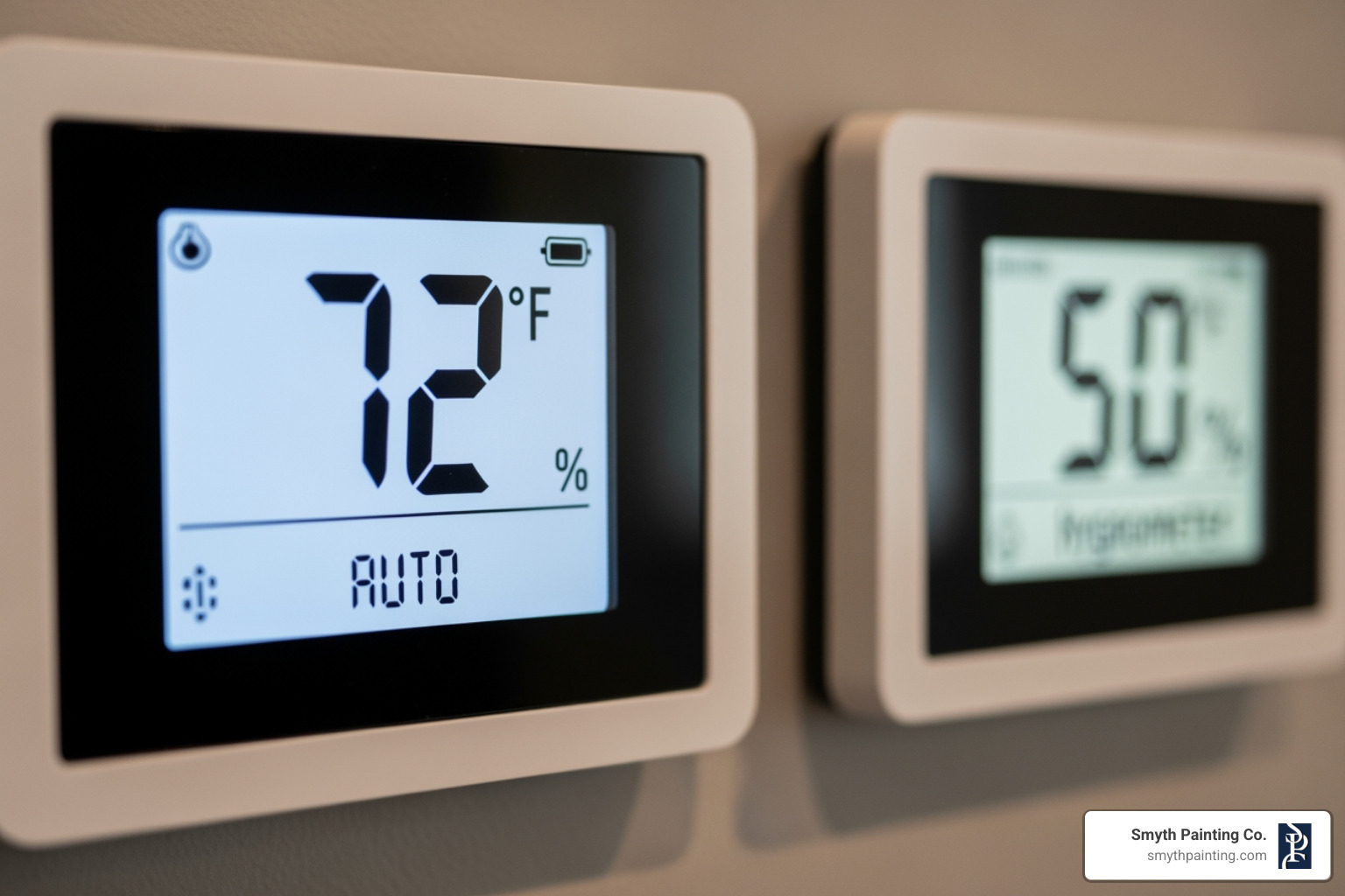 thermostat and hygrometer showing ideal ranges - interior painting in the winter thermostat and hygrometer showing ideal ranges - interior painting in the winter
