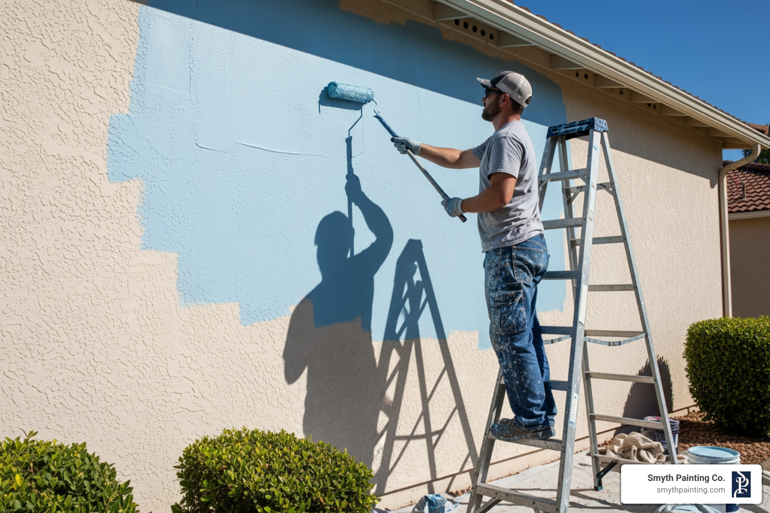 painter using a thick-nap roller on a stucco wall - exterior stucco paint