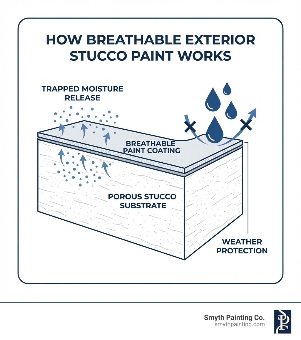 infographic showing cross-section of stucco wall with arrows indicating moisture vapor escaping through breathable paint layer while water droplets are blocked from entering, labeled with key features: porous stucco substrate, trapped moisture release, breathable paint coating, weather protection - exterior stucco paint infographic 