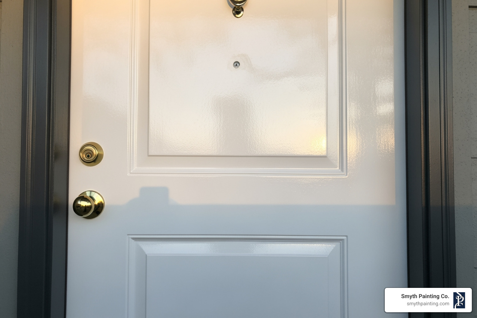 A freshly painted, high-gloss white front door reflecting sunlight, showcasing the crisp, clean finish. - exterior white gloss paint A freshly painted, high-gloss white front door reflecting sunlight, showcasing the crisp, clean finish. - exterior white gloss paint