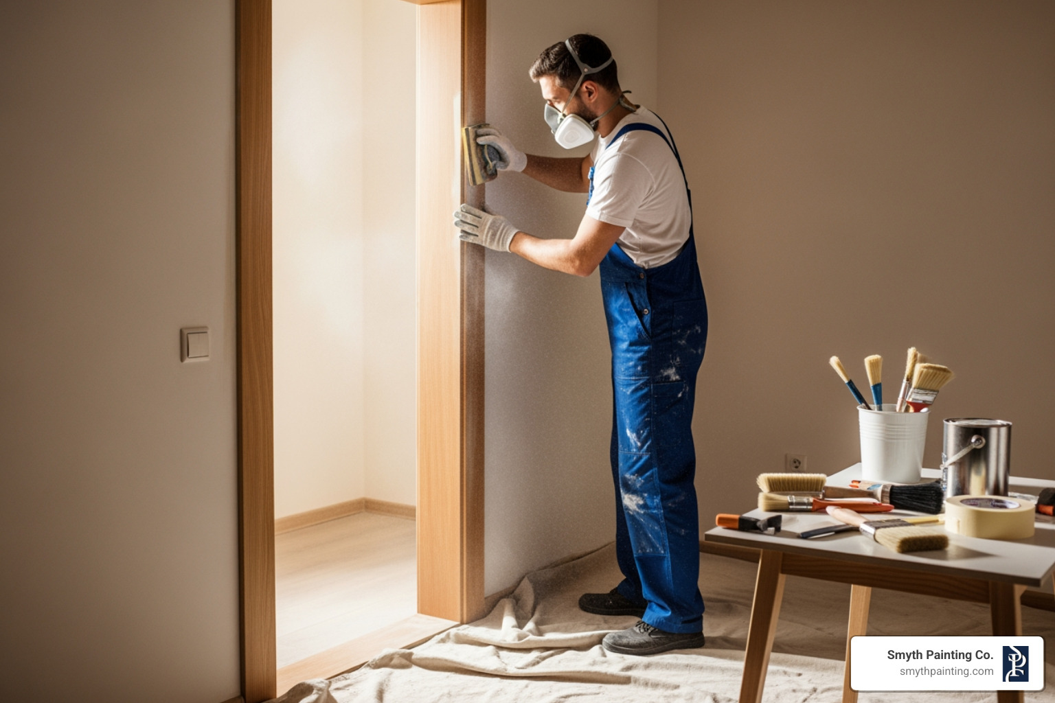 of a painter carefully sanding a wooden door frame before painting - outdoor wood gloss paint of a painter carefully sanding a wooden door frame before painting - outdoor wood gloss paint