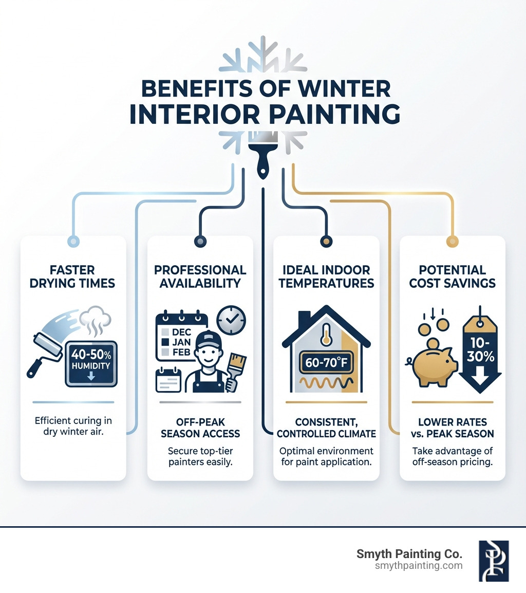 infographic showing benefits of winter interior painting including faster drying times in 40-50% humidity, professional availability during off-peak season, ideal indoor temperatures of 60-70°F, and cost savings of 10-30% compared to peak season - interior painting in the winter infographic infographic showing benefits of winter interior painting including faster drying times in 40-50% humidity, professional availability during off-peak season, ideal indoor temperatures of 60-70°F, and cost savings of 10-30% compared to peak season - interior painting in the winter infographic