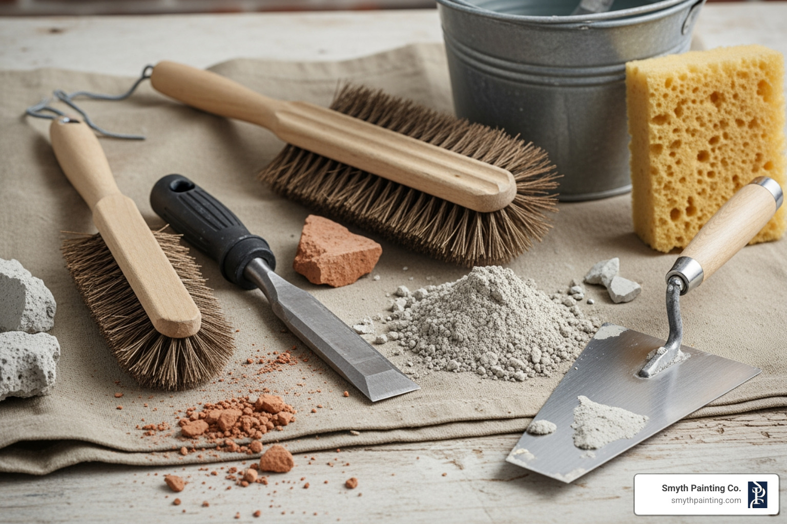 tools for cleaning and repairing a brick wall (wire brush, chisel, mortar mix) - refinishing interior brick wall