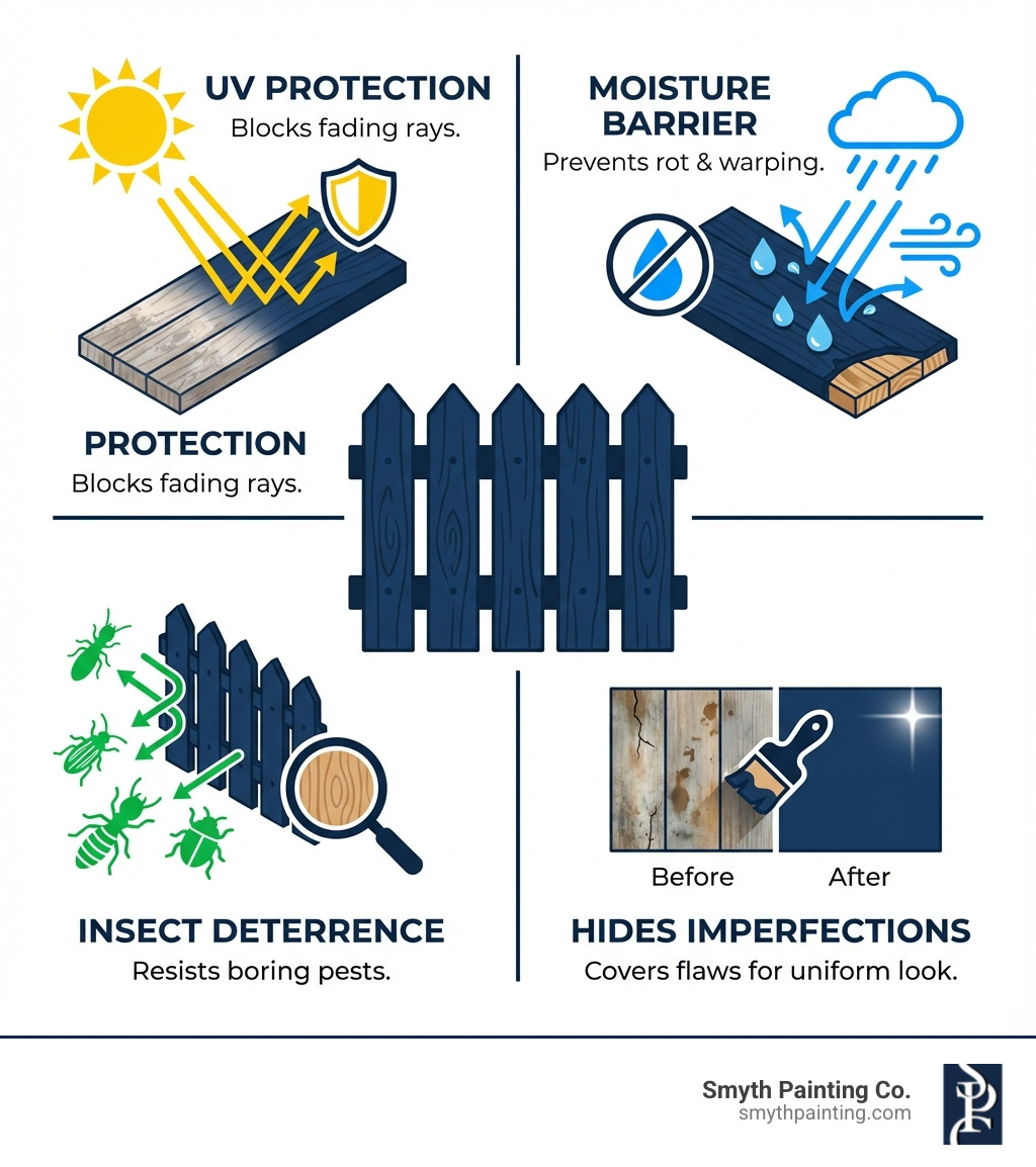 Infographic showing the four key benefits of exterior fence paint: UV Protection (blocks harmful sun rays that fade and damage wood), Moisture Barrier (prevents rot and warping from rain and humidity), Insect Deterrence (sealed surfaces resist boring insects and pest damage), and Hides Imperfections (covers weathering, stains, and minor surface flaws for a uniform appearance) - exterior fence paint infographic 