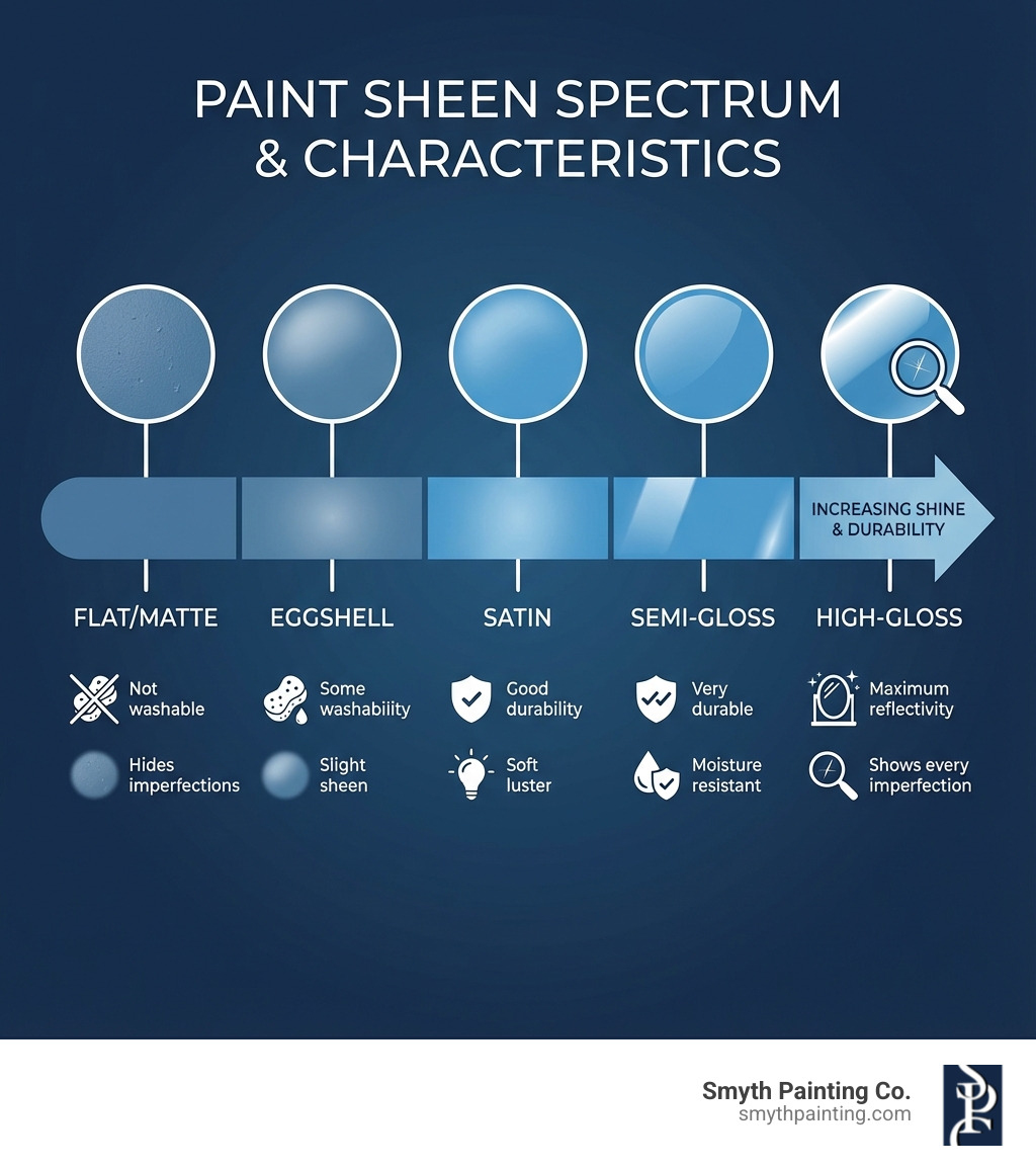 Infographic showing paint sheen spectrum from flat to high-gloss, with characteristics: Flat/Matte (no shine, hides imperfections, not washable), Eggshell (slight sheen, some washability), Satin (soft luster, good durability), Semi-Gloss (noticeable shine, very durable, moisture resistant), High-Gloss (maximum reflectivity, extremely durable, shows every imperfection) - outdoor wood gloss paint infographic Infographic showing paint sheen spectrum from flat to high-gloss, with characteristics: Flat/Matte (no shine, hides imperfections, not washable), Eggshell (slight sheen, some washability), Satin (soft luster, good durability), Semi-Gloss (noticeable shine, very durable, moisture resistant), High-Gloss (maximum reflectivity, extremely durable, shows every imperfection) - outdoor wood gloss paint infographic