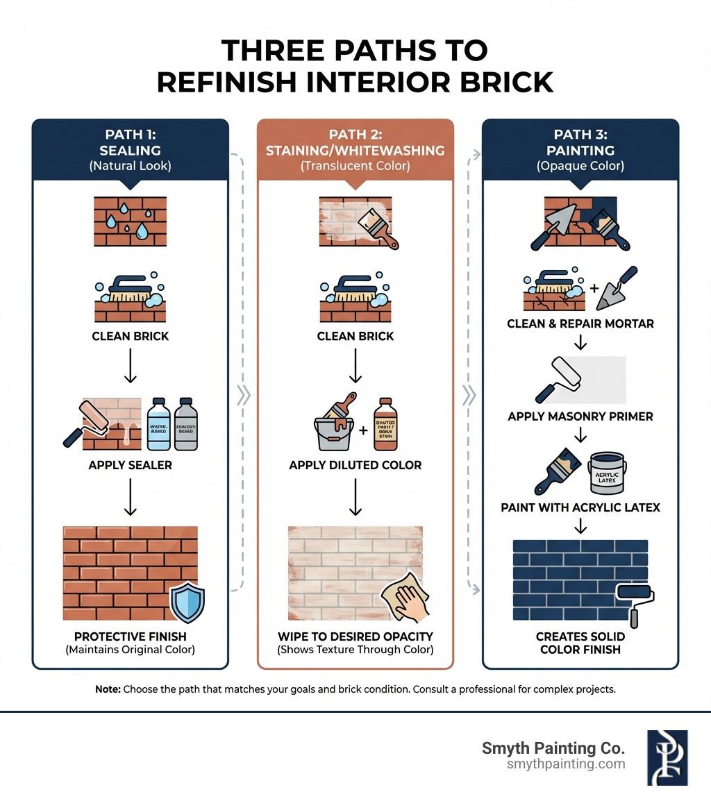 Infographic showing three paths for refinishing interior brick: Path 1 - Sealing (Natural Look): Clean brick, apply water-based or solvent-based sealer, maintains original color with protective finish; Path 2 - Staining/Whitewashing (Translucent Color): Clean brick, mix diluted paint or apply brick stain, wipe to desired opacity, shows texture through color; Path 3 - Painting (Opaque Color): Clean brick, repair mortar, apply masonry primer, paint with acrylic latex, creates solid color finish - refinishing interior brick wall infographic 