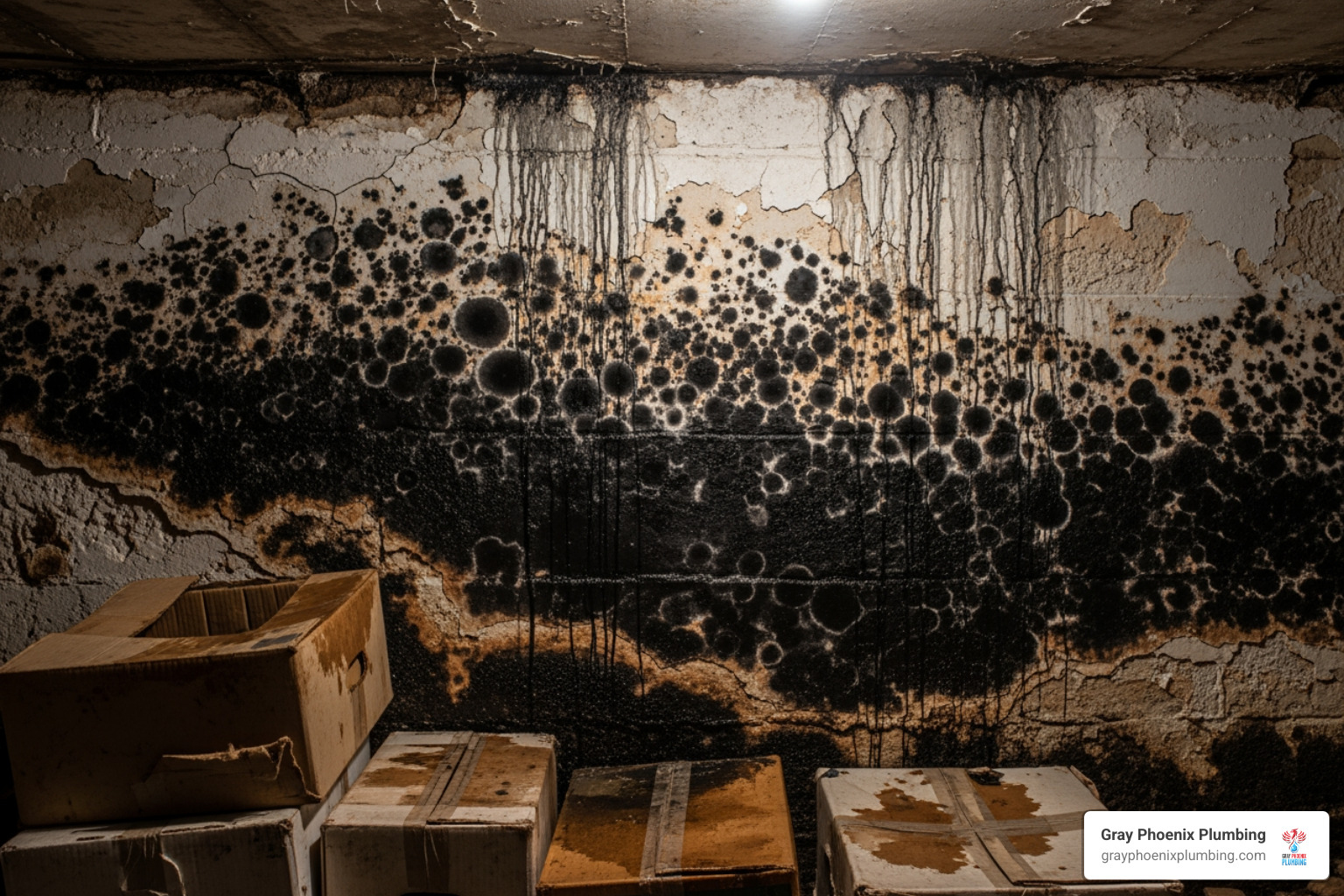 significant mold growth on a basement wall behind stored boxes - basement leak repair Aurora