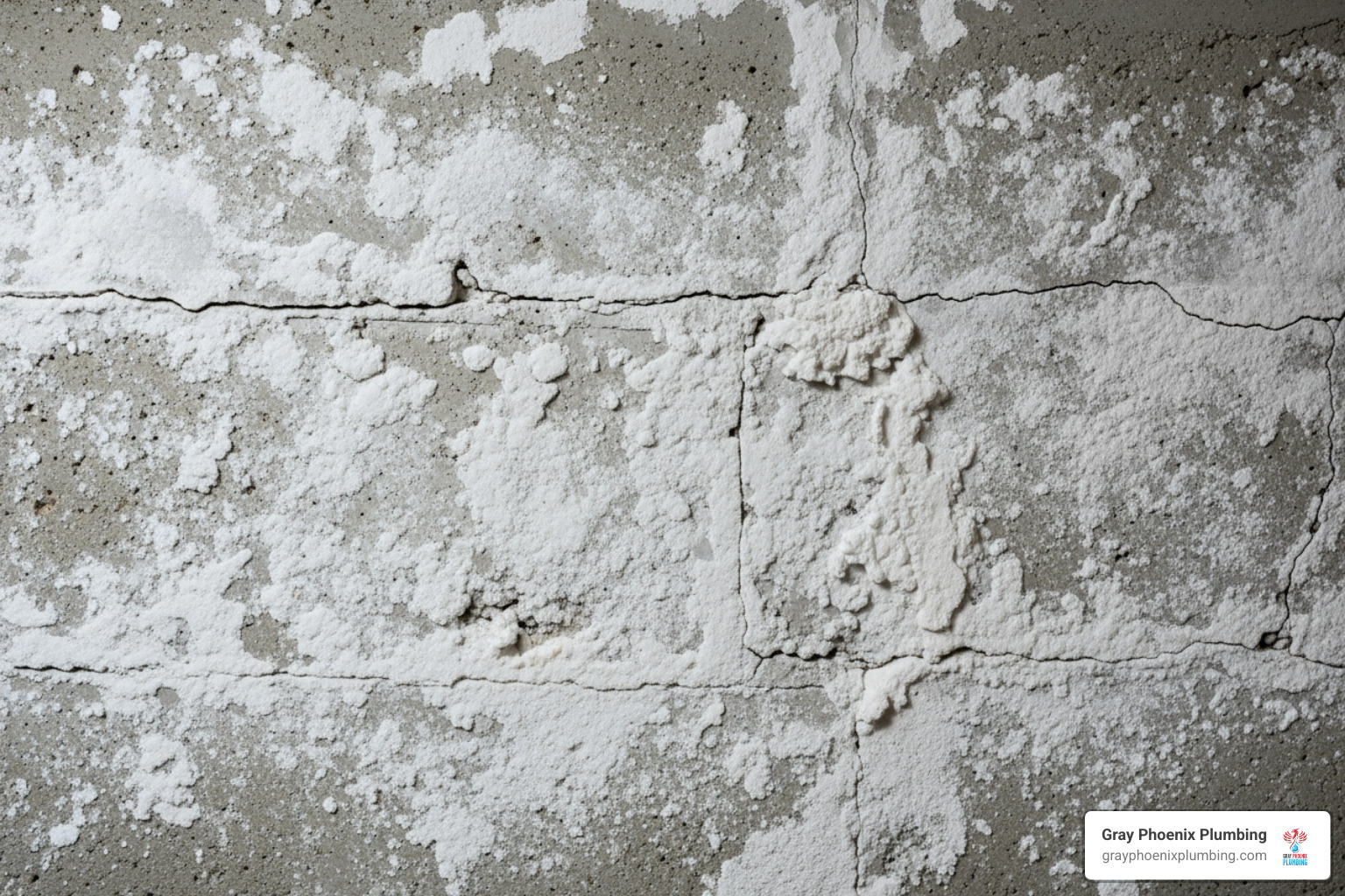 white, chalky efflorescence on a concrete basement wall - basement leak repair Aurora