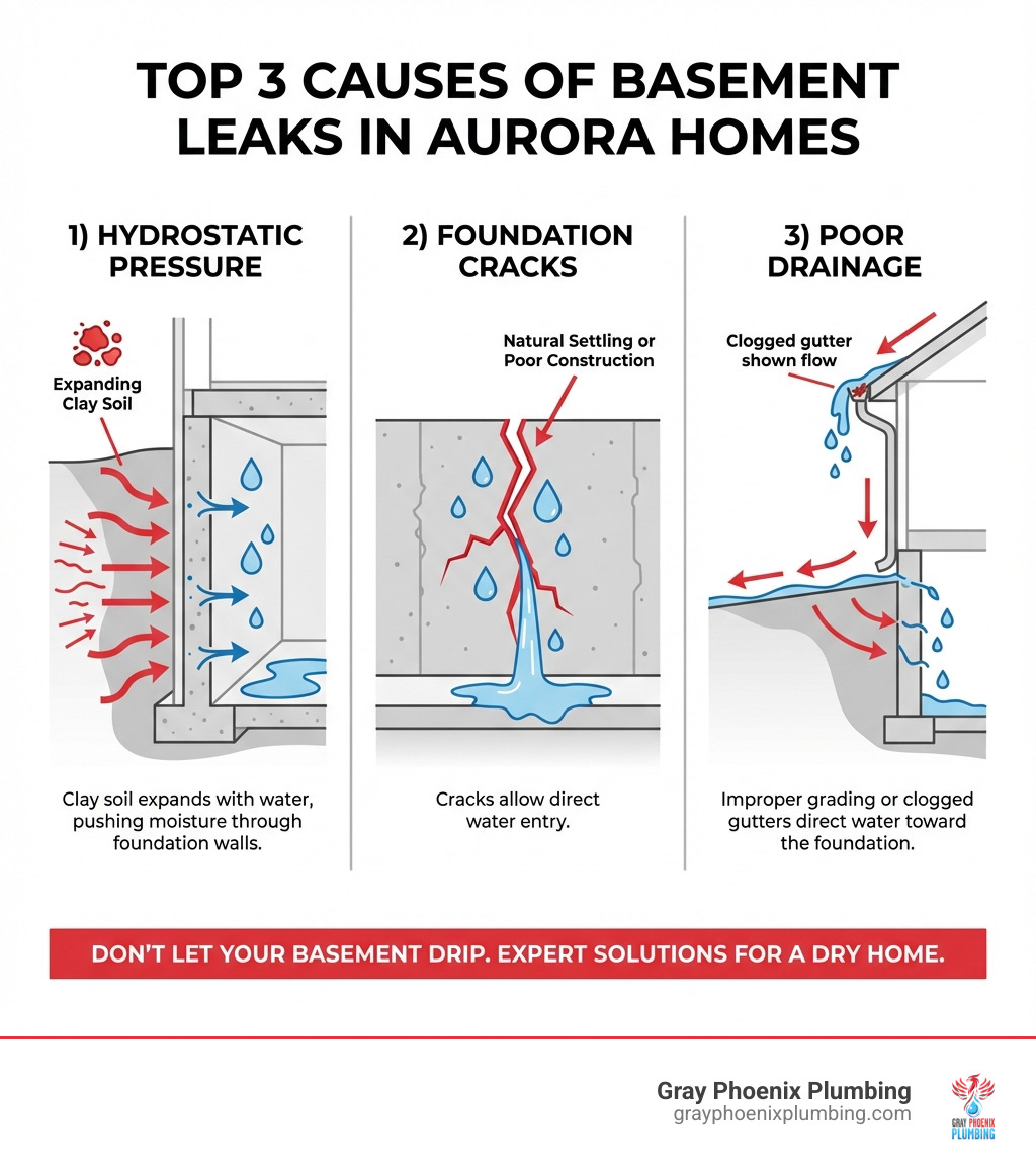 Infographic showing the top 3 causes of basement leaks in Aurora homes: 1) Hydrostatic pressure from expanding clay soil pushing water through foundation walls, 2) Foundation cracks from natural settling or poor construction allowing direct water entry, 3) Poor drainage with improper grading or clogged gutters directing water toward the foundation instead of away from it - basement leak repair Aurora infographic 