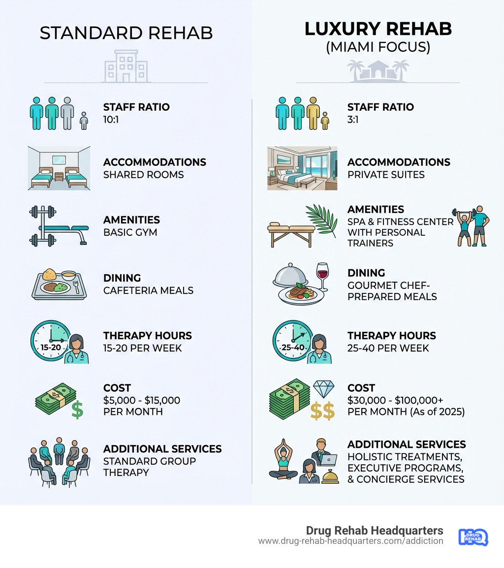 infographic comparing standard rehab vs luxury rehab showing differences in staff ratio (10:1 vs 3:1), accommodations (shared rooms vs private suites), amenities (basic gym vs spa and fitness center with personal trainers), dining (cafeteria meals vs gourmet chef-prepared meals), therapy hours (15-20 per week vs 25-40 per week), cost ($5,000-$15,000 per month vs $30,000-$100,000+ per month), and additional services (standard group therapy vs holistic treatments, executive programs, and concierge services) - Luxury rehab Miami infographic infographic comparing standard rehab vs luxury rehab showing differences in staff ratio (10:1 vs 3:1), accommodations (shared rooms vs private suites), amenities (basic gym vs spa and fitness center with personal trainers), dining (cafeteria meals vs gourmet chef-prepared meals), therapy hours (15-20 per week vs 25-40 per week), cost ($5,000-$15,000 per month vs $30,000-$100,000+ per month), and additional services (standard group therapy vs holistic treatments, executive programs, and concierge services) - Luxury rehab Miami infographic
