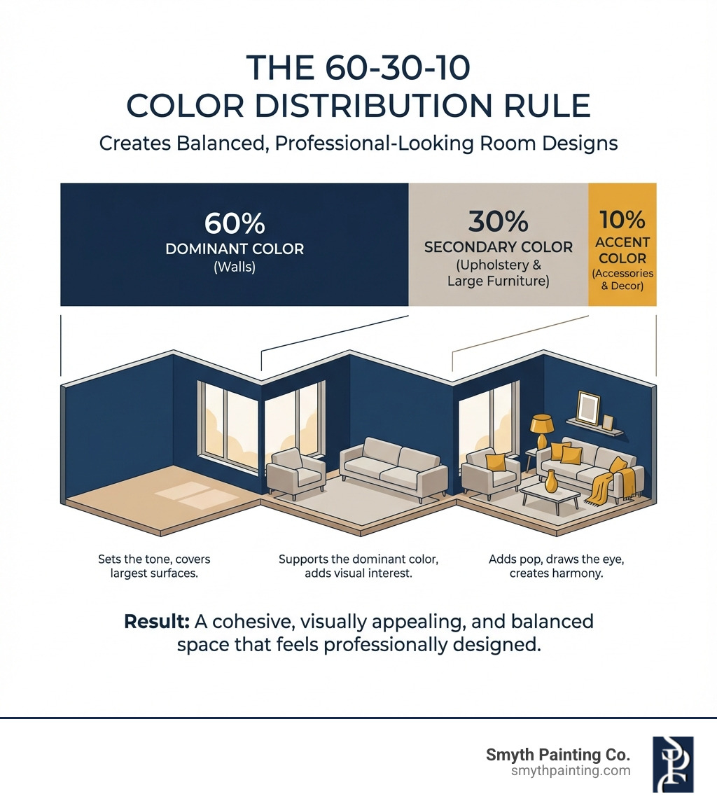 Infographic showing the 60-30-10 color distribution rule: 60% dominant color for walls, 30% secondary color for upholstery and large furniture, and 10% accent color for accessories and decor items, with visual examples of how this creates balanced, professional-looking room designs - home designing paint infographic Infographic showing the 60-30-10 color distribution rule: 60% dominant color for walls, 30% secondary color for upholstery and large furniture, and 10% accent color for accessories and decor items, with visual examples of how this creates balanced, professional-looking room designs - home designing paint infographic
