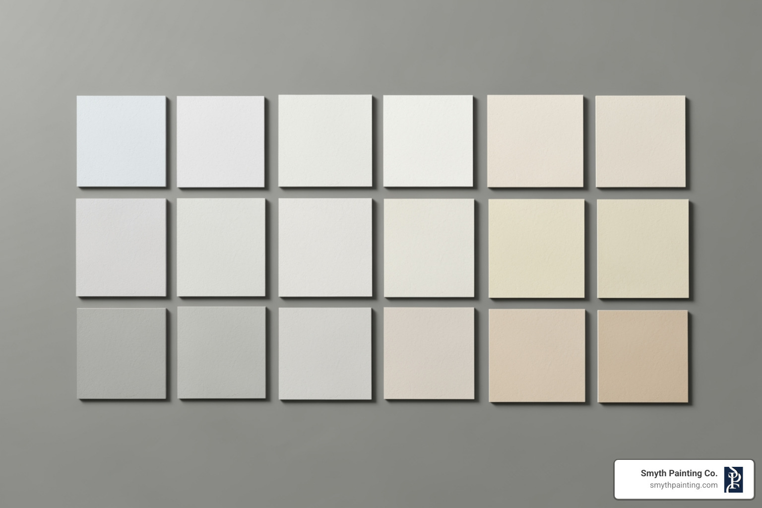Paint swatches showing different shades of white, from cool with blue undertones to warm with yellow or beige undertones. - exterior white gloss paint Paint swatches showing different shades of white, from cool with blue undertones to warm with yellow or beige undertones. - exterior white gloss paint