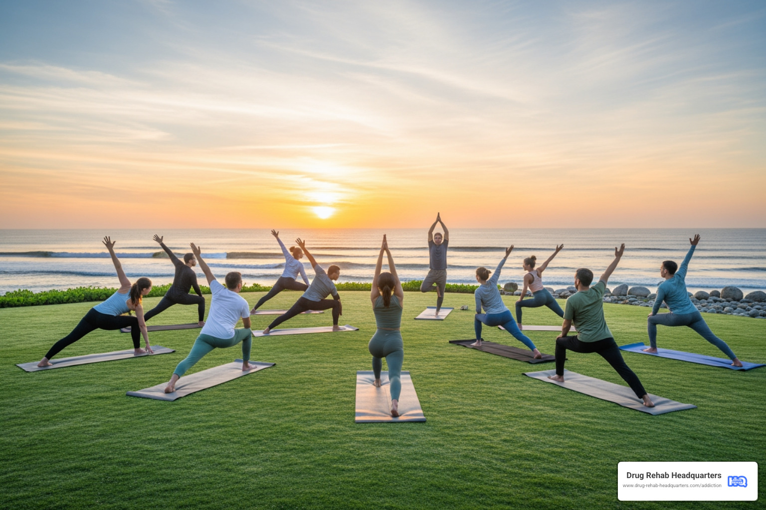 A group of individuals participating in a yoga class outdoors, overlooking the ocean or a tranquil garden, emphasizing serenity and wellness. - luxury rehab facilities in florida