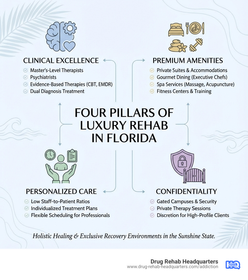 Infographic showing the four pillars of luxury rehab in Florida: Clinical Excellence (master's-level therapists, psychiatrists, evidence-based therapies, dual diagnosis treatment), Premium Amenities (private suites, gourmet dining, spa services, fitness centers), Personalized Care (low staff ratios, individualized treatment plans, flexible scheduling for professionals), and Confidentiality (gated campuses, private therapy sessions, discretion for high-profile clients) - luxury rehab facilities in florida infographic 