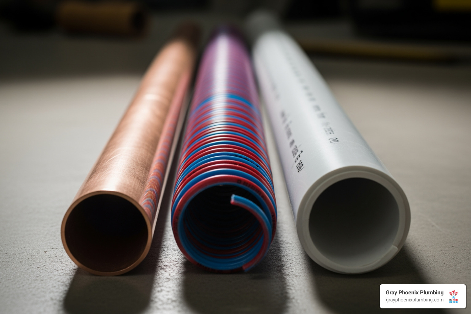 Image of different pipe materials like copper, PEX, and PVC - plumbing leak repair aurora Image of different pipe materials like copper, PEX, and PVC - plumbing leak repair aurora