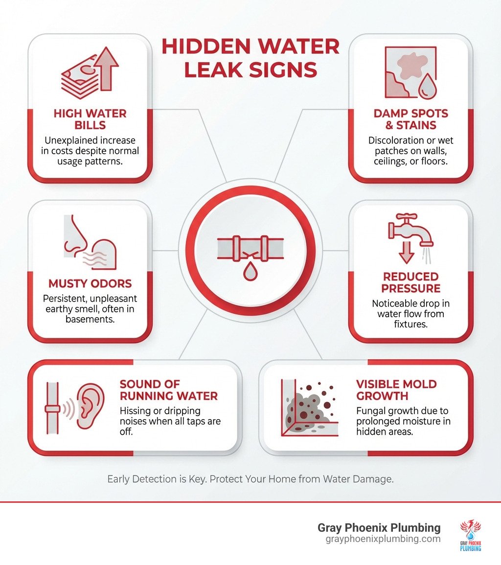 Infographic showing common signs of hidden water leaks including high water bills, damp spots on walls and ceilings, musty odors, reduced water pressure, sound of running water when fixtures are off, and visible mold growth, with icons and brief descriptions for each sign - plumbing leak repair aurora infographic Infographic showing common signs of hidden water leaks including high water bills, damp spots on walls and ceilings, musty odors, reduced water pressure, sound of running water when fixtures are off, and visible mold growth, with icons and brief descriptions for each sign - plumbing leak repair aurora infographic