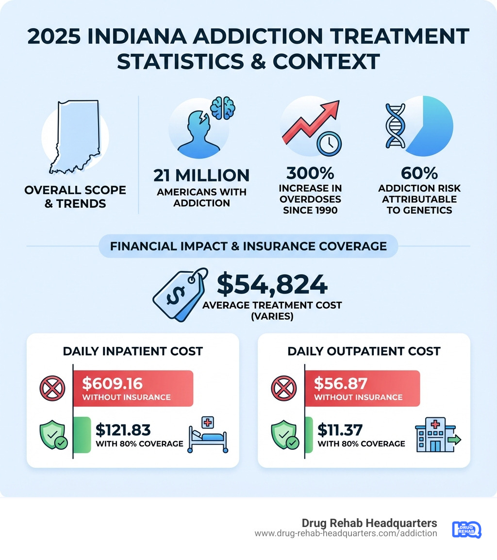 Infographic showing 2025 Indiana addiction treatment statistics: 21 million Americans with addiction, 300% increase in overdoses since 1990, $54,824 average treatment cost, $609.16 daily inpatient cost without insurance vs $121.83 with 80% coverage, $56.87 daily outpatient cost without insurance vs $11.37 with 80% coverage, and 60% of addiction risk attributable to genetics - drug rehab centers in indiana infographic 
