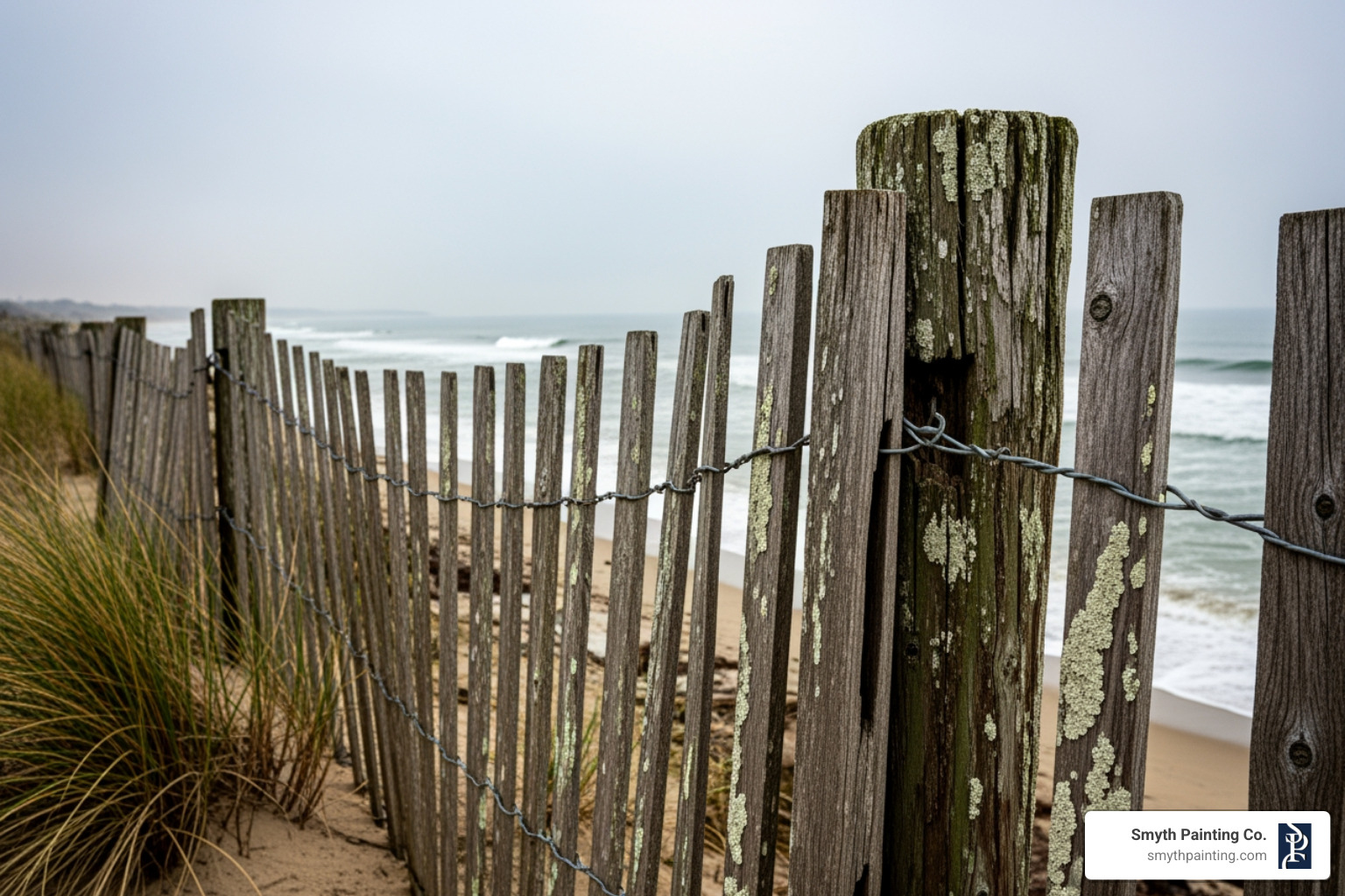 salt-sprayed, weathered wooden fence near a coastline in Rhode Island - fence painting services salt-sprayed, weathered wooden fence near a coastline in Rhode Island - fence painting services