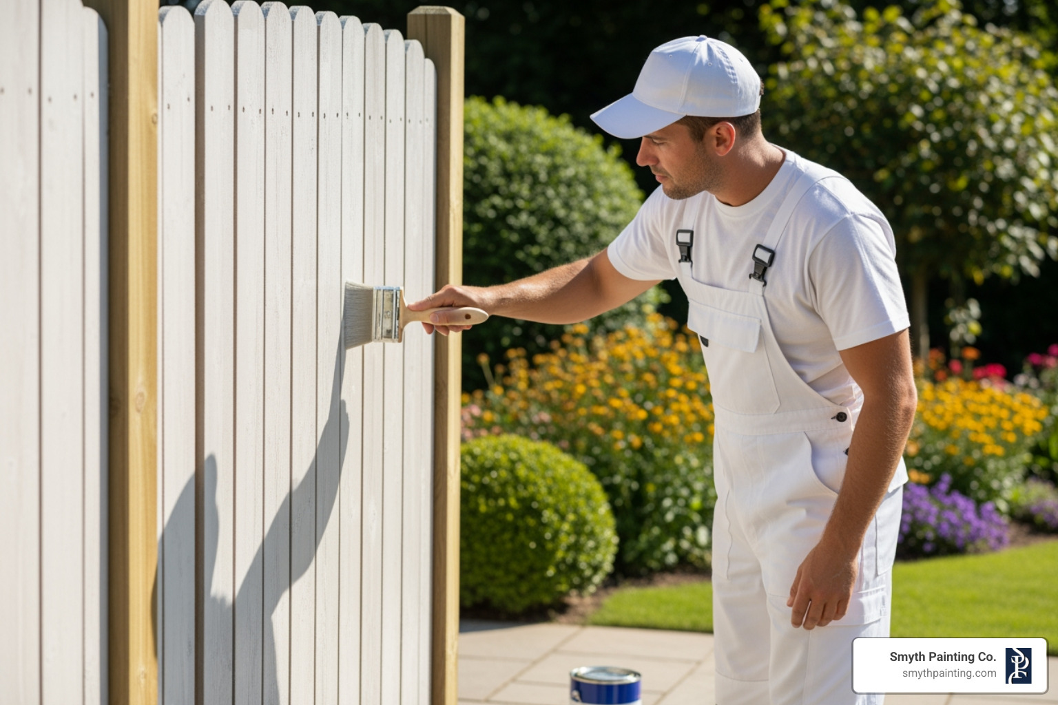 painter in uniform carefully applying primer to a prepared fence section - fence painting services painter in uniform carefully applying primer to a prepared fence section - fence painting services