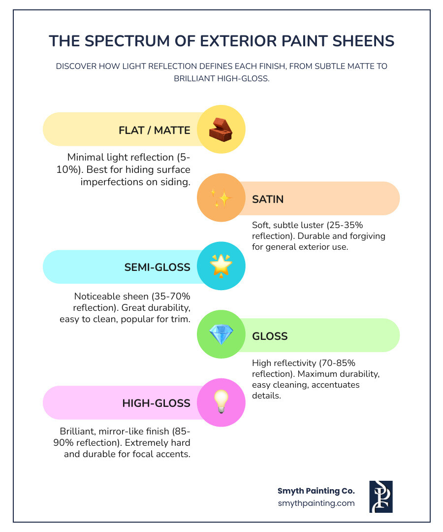 Infographic showing the spectrum of paint sheens from flat/matte (5-10% light reflection) through eggshell (10-25%), satin (25-35%), semi-gloss (35-70%), gloss (70-85%), to high-gloss (85-90%), with visual examples of how each reflects light on exterior trim - exterior gloss paint infographic infographic-line-5-steps-colors Infographic showing the spectrum of paint sheens from flat/matte (5-10% light reflection) through eggshell (10-25%), satin (25-35%), semi-gloss (35-70%), gloss (70-85%), to high-gloss (85-90%), with visual examples of how each reflects light on exterior trim - exterior gloss paint infographic infographic-line-5-steps-colors