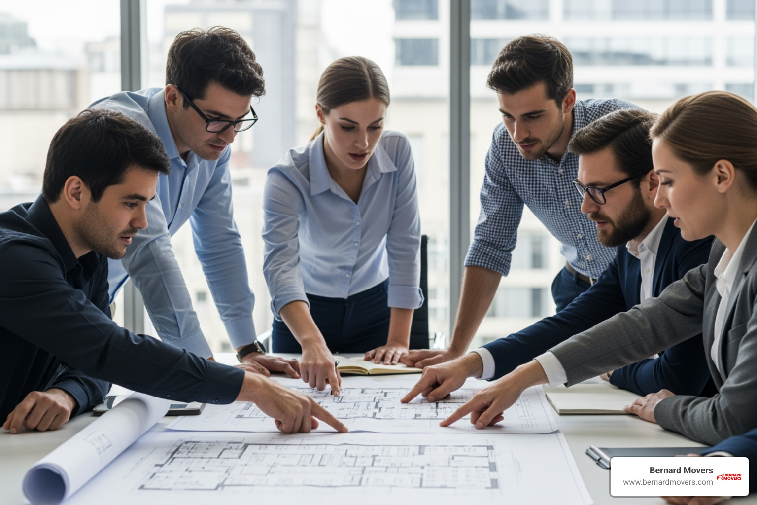 team meeting around a blueprint or floor plan - corporate office moving checklist team meeting around a blueprint or floor plan - corporate office moving checklist