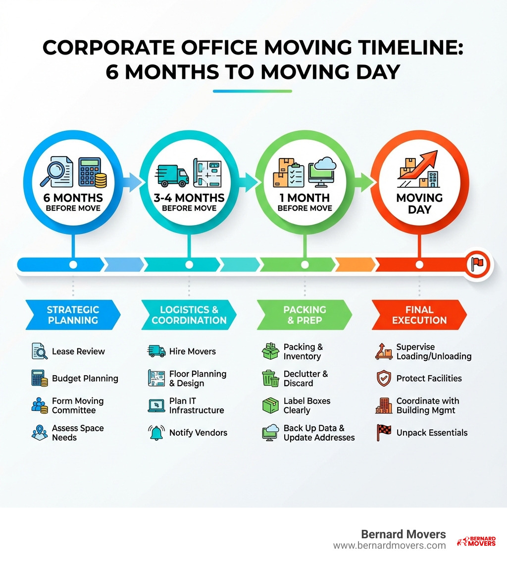 infographic showing corporate office moving timeline from 6 months before move through moving day, with key milestones including lease review and budget planning at 6 months, hiring movers and floor planning at 3-4 months, packing and inventory at 1 month, and final execution on moving day - corporate office moving checklist infographic infographic showing corporate office moving timeline from 6 months before move through moving day, with key milestones including lease review and budget planning at 6 months, hiring movers and floor planning at 3-4 months, packing and inventory at 1 month, and final execution on moving day - corporate office moving checklist infographic