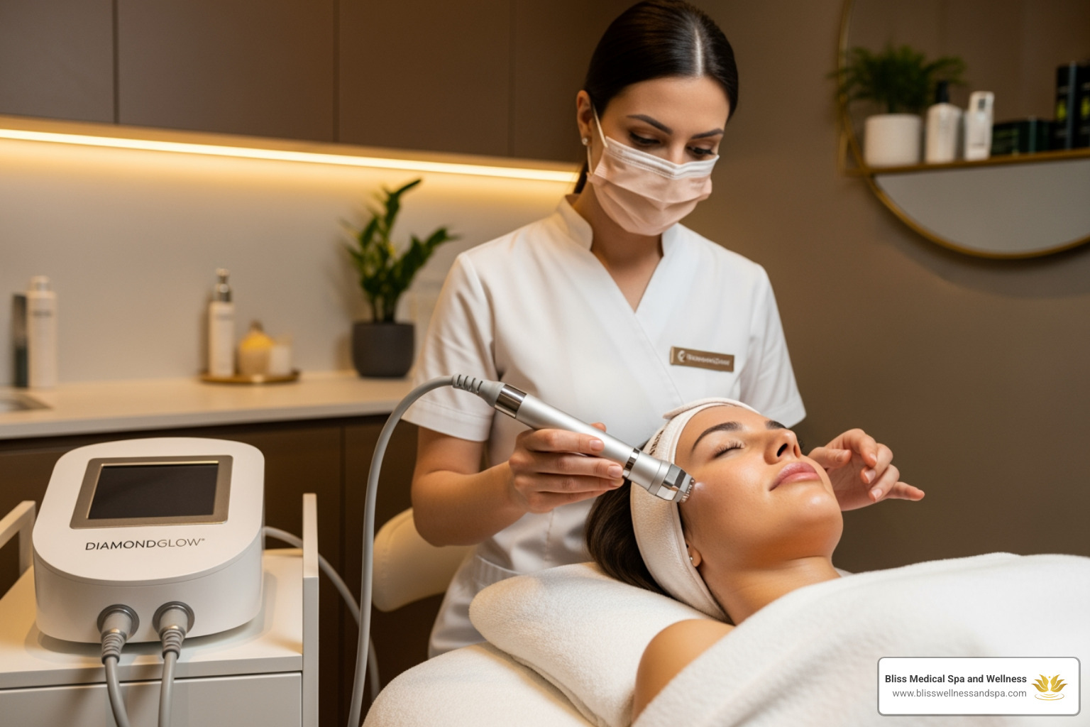 aesthetician performing a DiamondGlow treatment on a relaxed client - Facials / Diamond Glow microdermabrasion aesthetician performing a DiamondGlow treatment on a relaxed client - Facials / Diamond Glow microdermabrasion