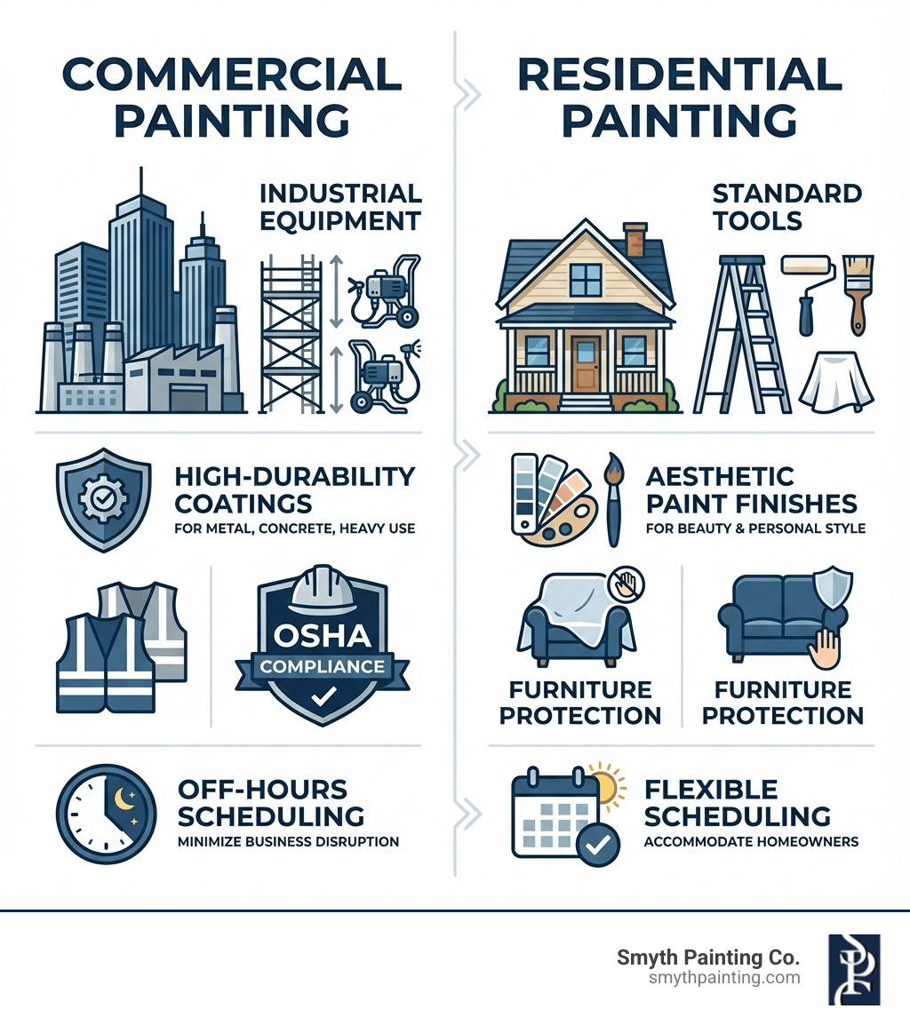 Infographic showing side-by-side comparison of commercial and residential painting: Commercial side shows large buildings, industrial equipment (scaffolding, sprayers), high-durability coatings, OSHA compliance badges, and off-hours scheduling icons; Residential side shows single homes, standard tools (ladders, rollers), aesthetic paint finishes, furniture protection symbols, and flexible scheduling calendar - commercial & residential painting infographic 