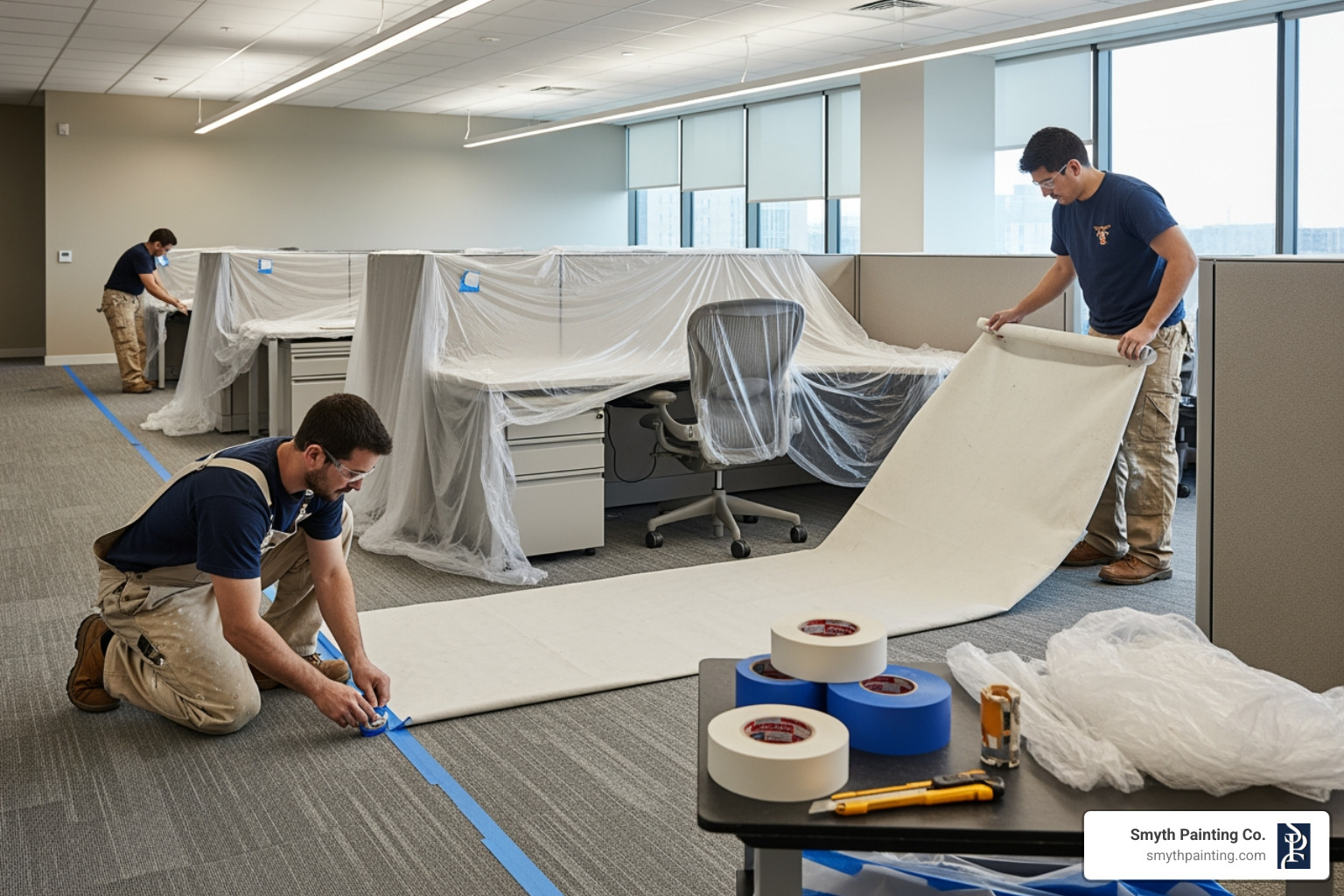 Image of painters carefully prepping a commercial space by masking floors and furniture - commercial interior painting services