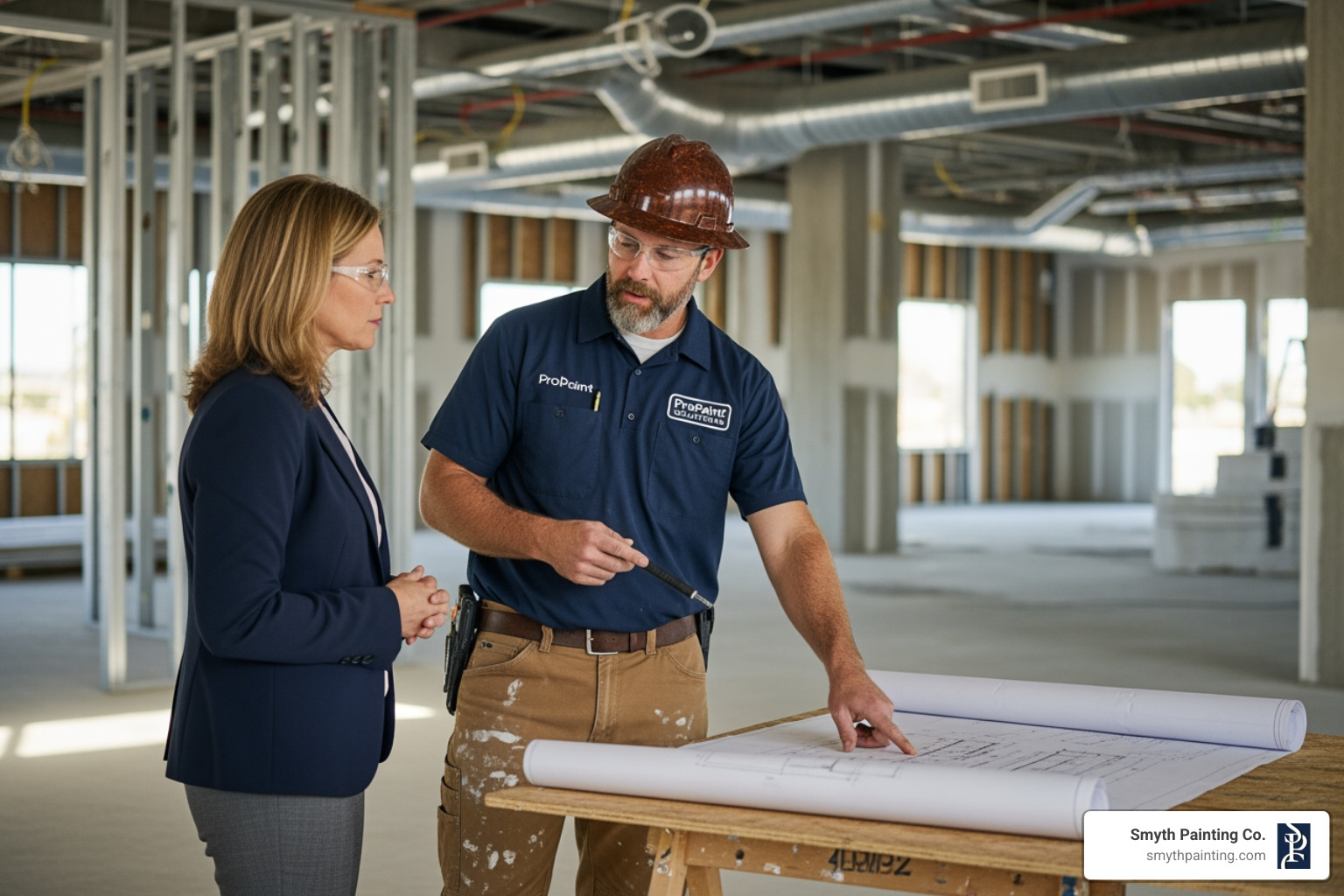 Image of a contractor discussing a project plan with a client on-site - commercial interior painting services