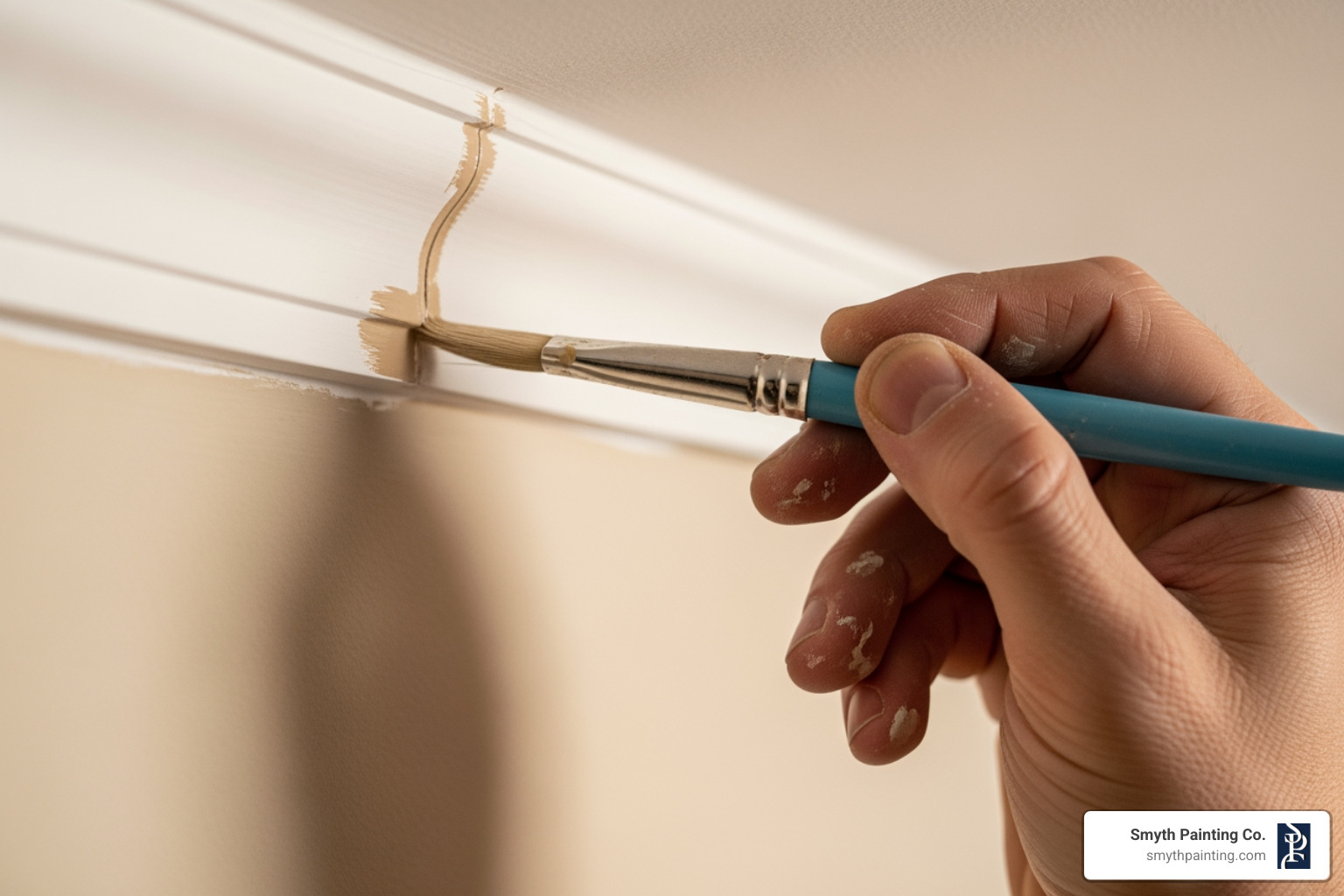 painter carefully cutting in a clean line between a wall and ceiling trim - commercial and residential painters