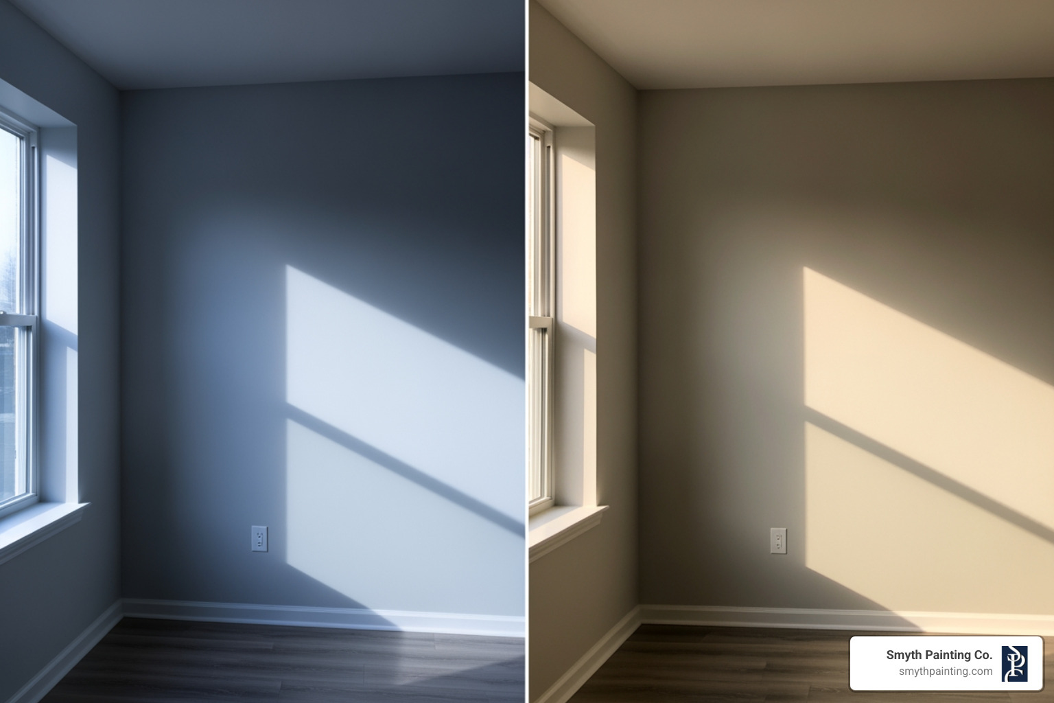 showing the same gray paint color looking different in a north-facing room versus a south-facing room. - paint color advice