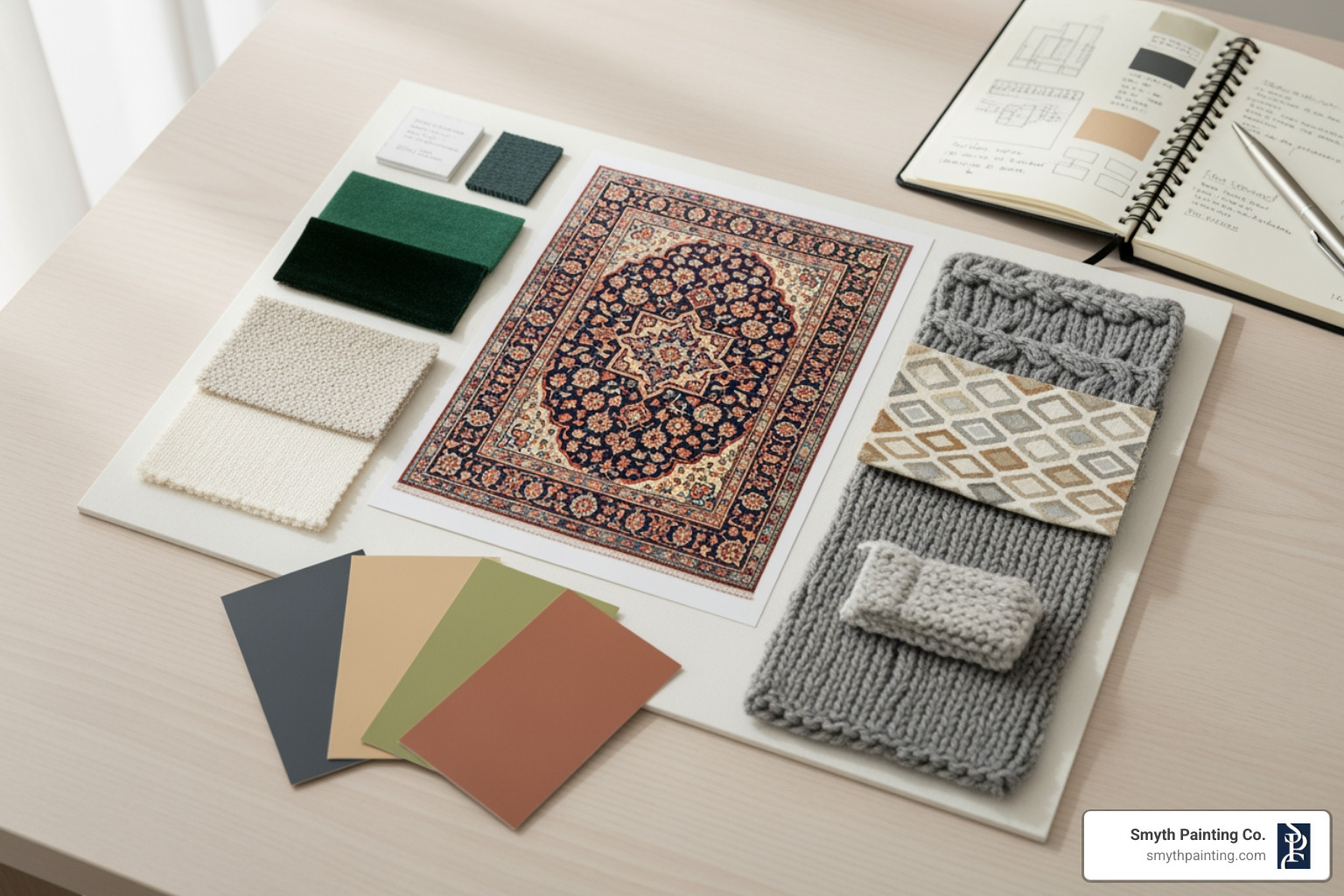 of a design mood board featuring fabric swatches, a rug photo, and paint chips. - paint color advice