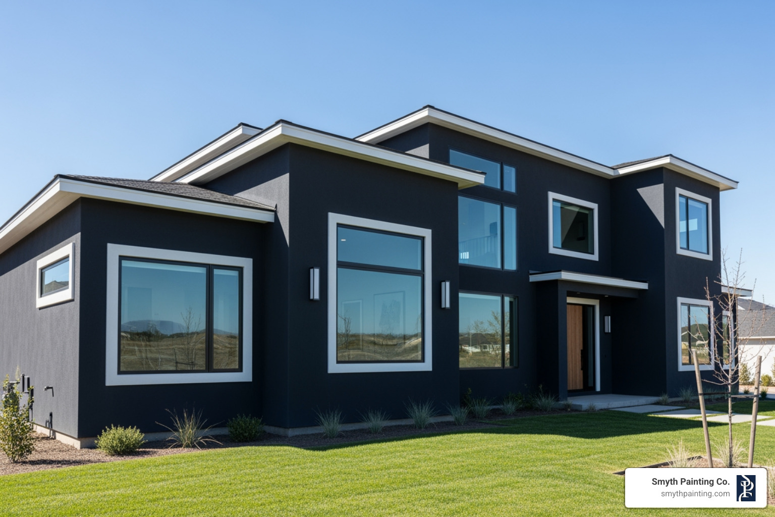 striking black stucco house with contrasting white trim - dark stucco house