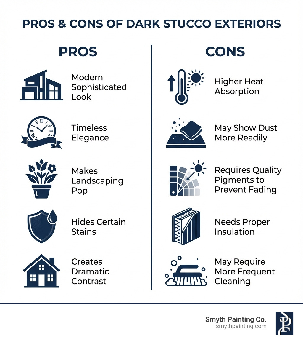 Infographic showing pros and cons of dark stucco exteriors: Pros include modern sophisticated look, timeless elegance, makes landscaping pop, hides certain stains, creates dramatic contrast with trim; Cons include higher heat absorption in hot climates, may show dust more readily, requires quality pigments to prevent fading, needs proper insulation, may require more frequent cleaning - dark stucco house infographic 