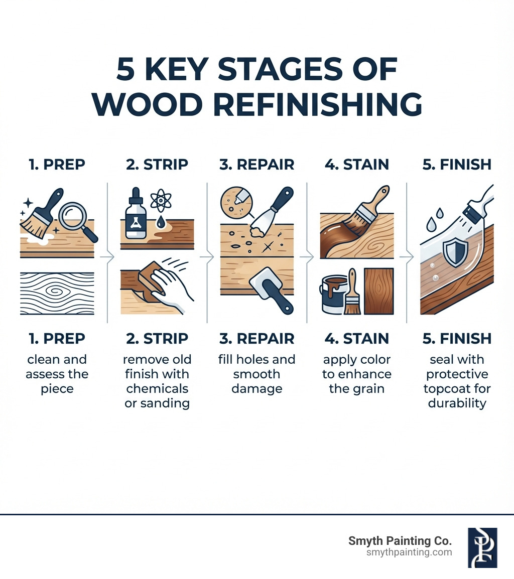 Infographic showing the 5 key stages of wood refinishing: 1. Prep (clean and assess the piece), 2. Strip (remove old finish with chemicals or sanding), 3. Repair (fill holes and smooth damage), 4. Stain (apply color to enhance the grain), 5. Finish (seal with protective topcoat for durability) - interior wood refinishing infographic 