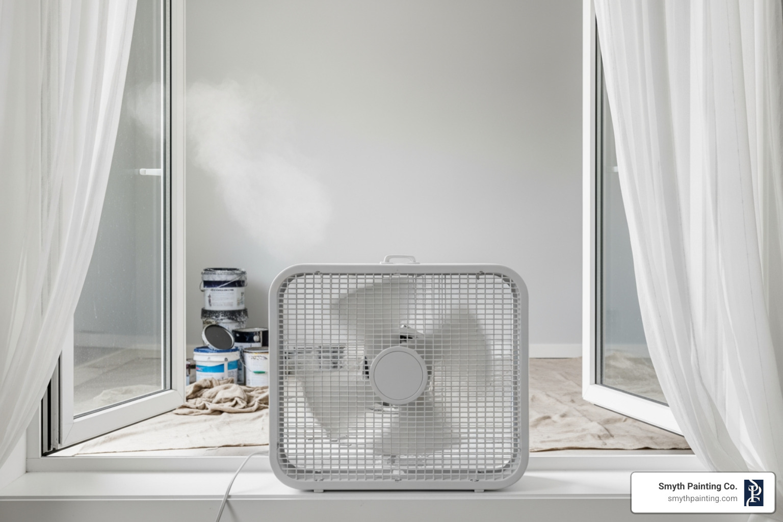 open window with a box fan providing ventilation in a freshly painted room - exterior paint indoors