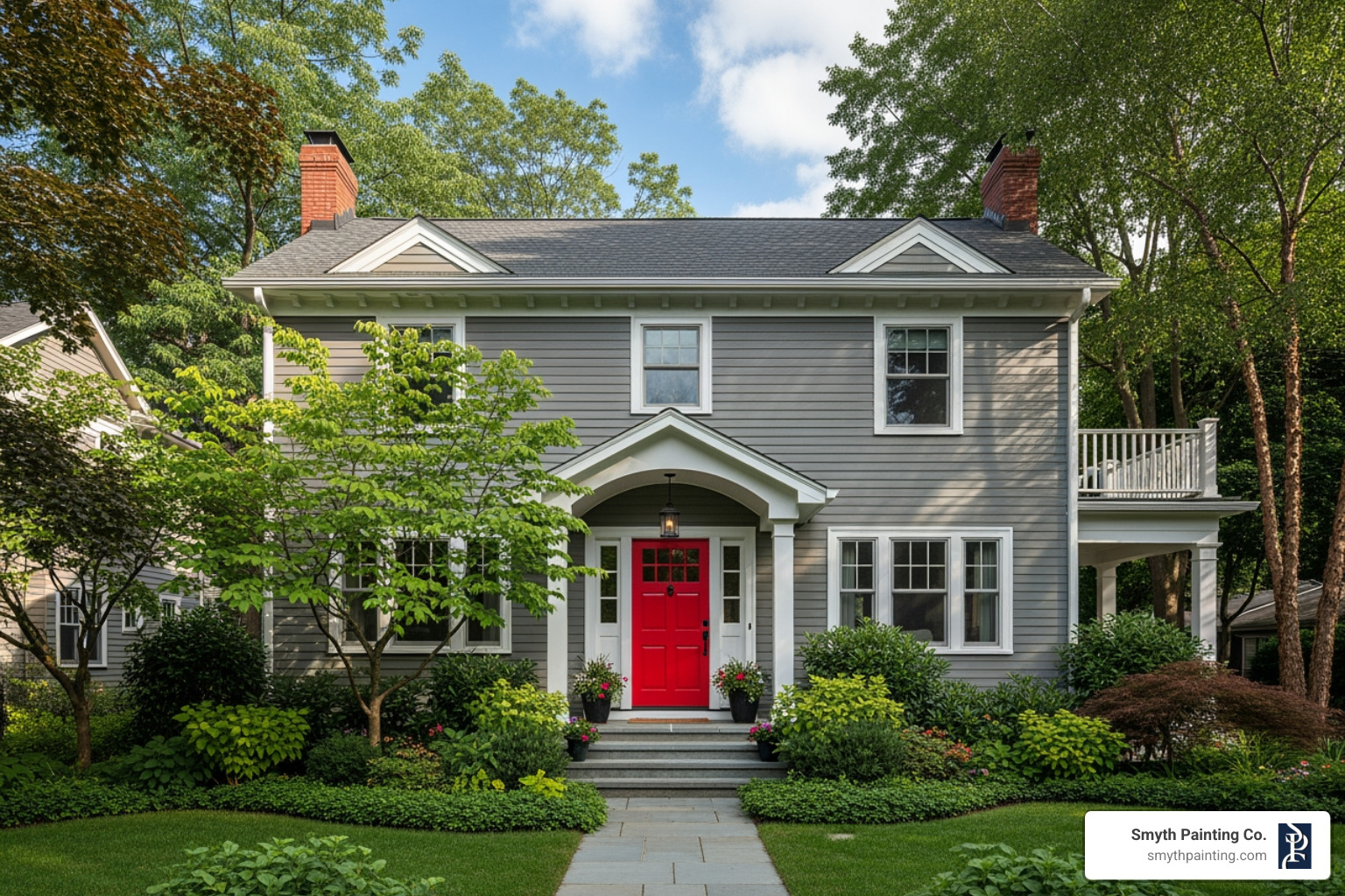 Home with Copley Gray exterior, white trim, and a bold accent-colored front door - copley gray exterior