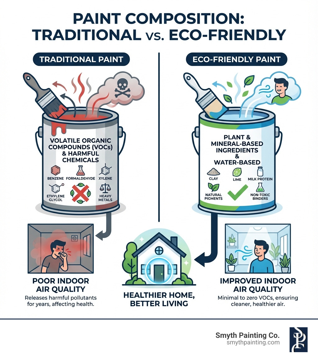 Infographic detailing the composition of traditional vs. eco-friendly paint, highlighting the absence of VOCs and other harmful chemicals in the eco-friendly option, with a small graphic of improved indoor air quality. - eco friendly interior paint infographic Infographic detailing the composition of traditional vs. eco-friendly paint, highlighting the absence of VOCs and other harmful chemicals in the eco-friendly option, with a small graphic of improved indoor air quality. - eco friendly interior paint infographic