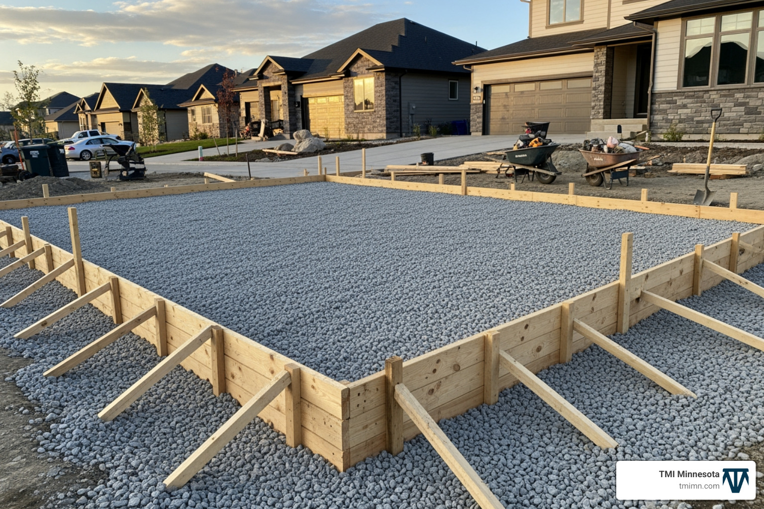 prepared site with wooden forms and a compacted gravel base - Small concrete driveway